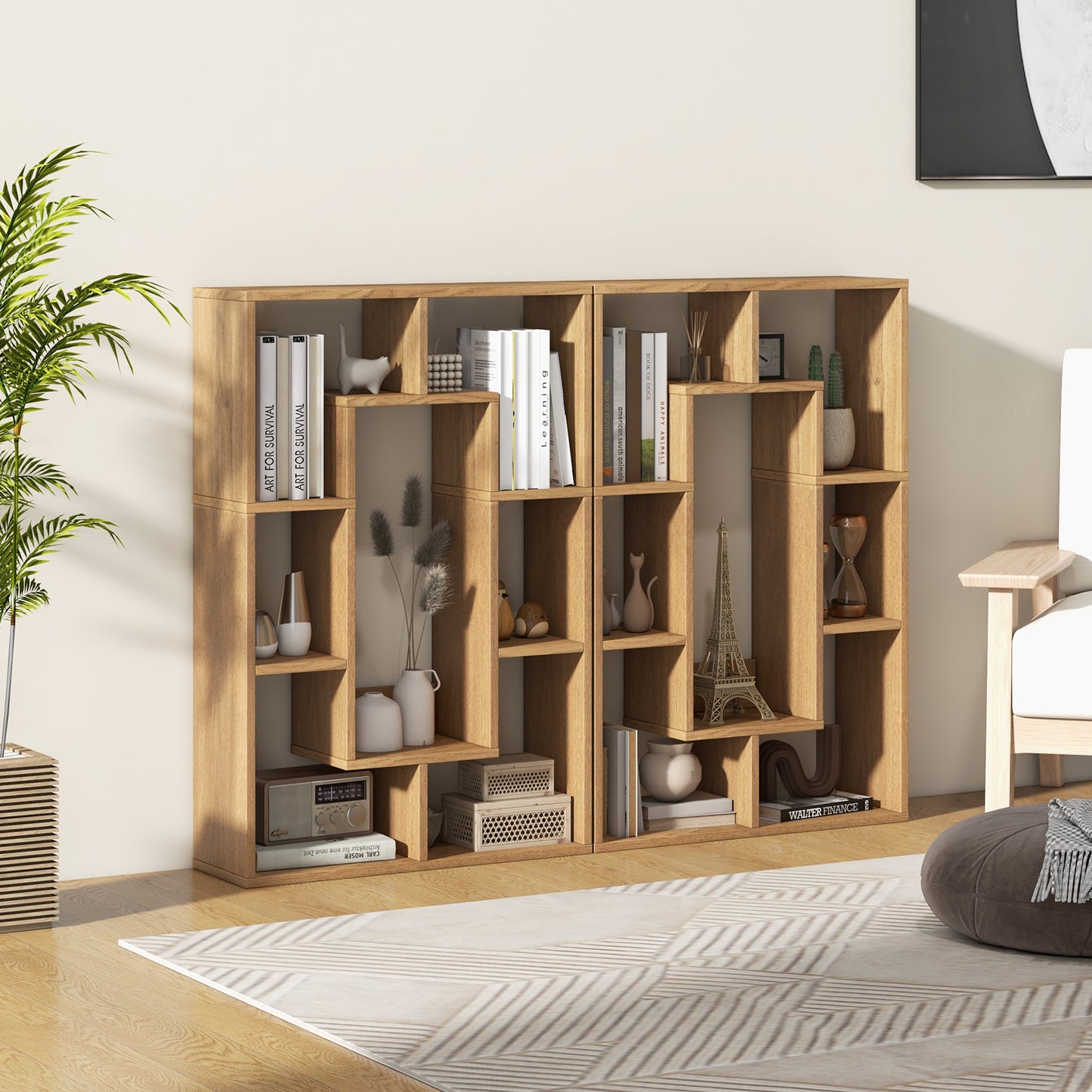 7-Cube Geometric Bookshelf Modern Decorative Open Bookcase-Natural Kids Crystal
