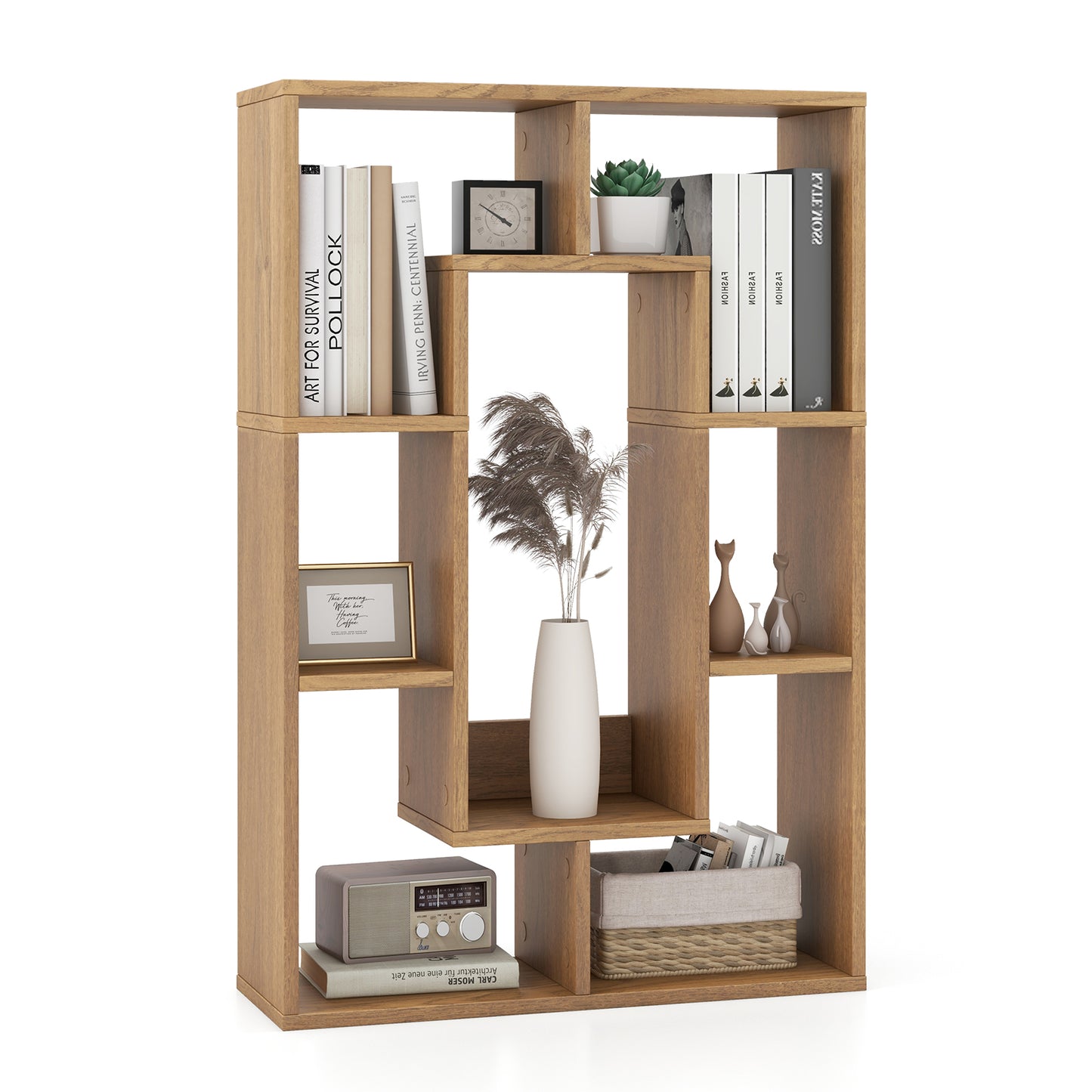 7-Cube Geometric Bookshelf Modern Decorative Open Bookcase-Natural Kids Crystal