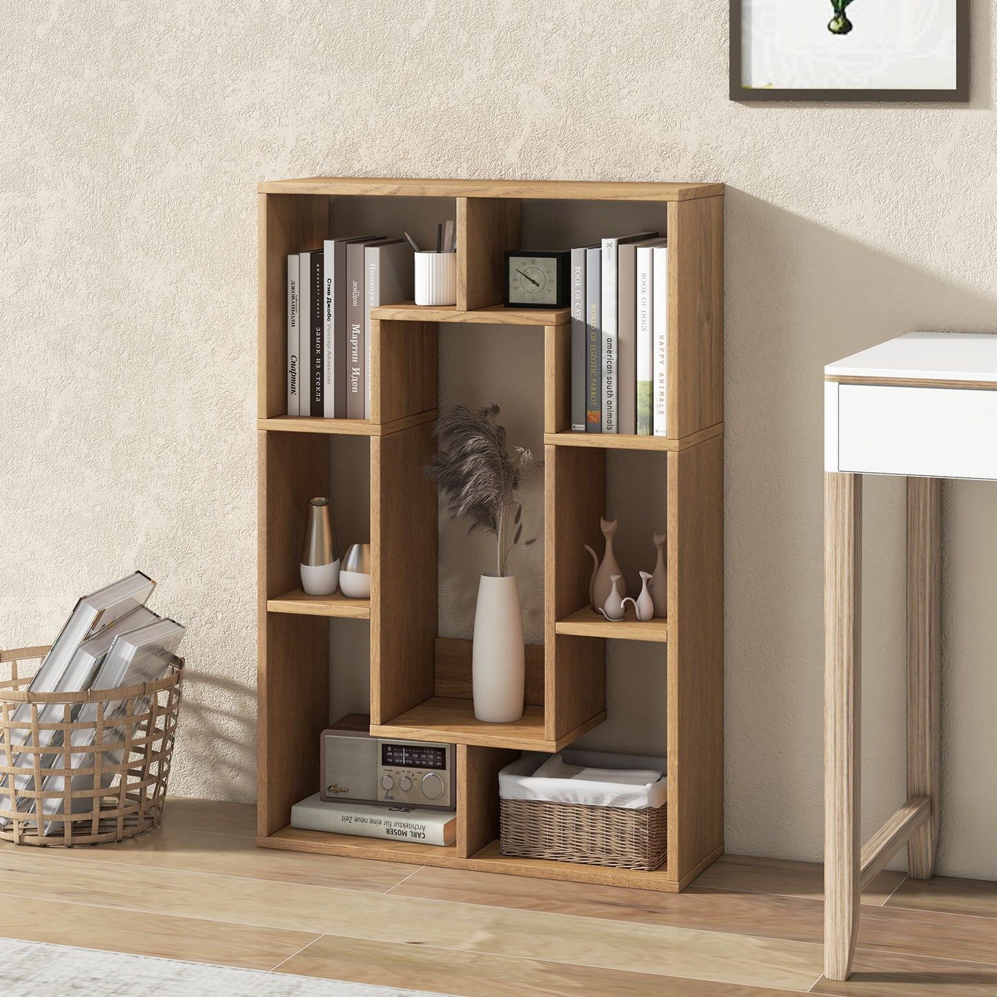 7-Cube Geometric Bookshelf Modern Decorative Open Bookcase-Natural Kids Crystal