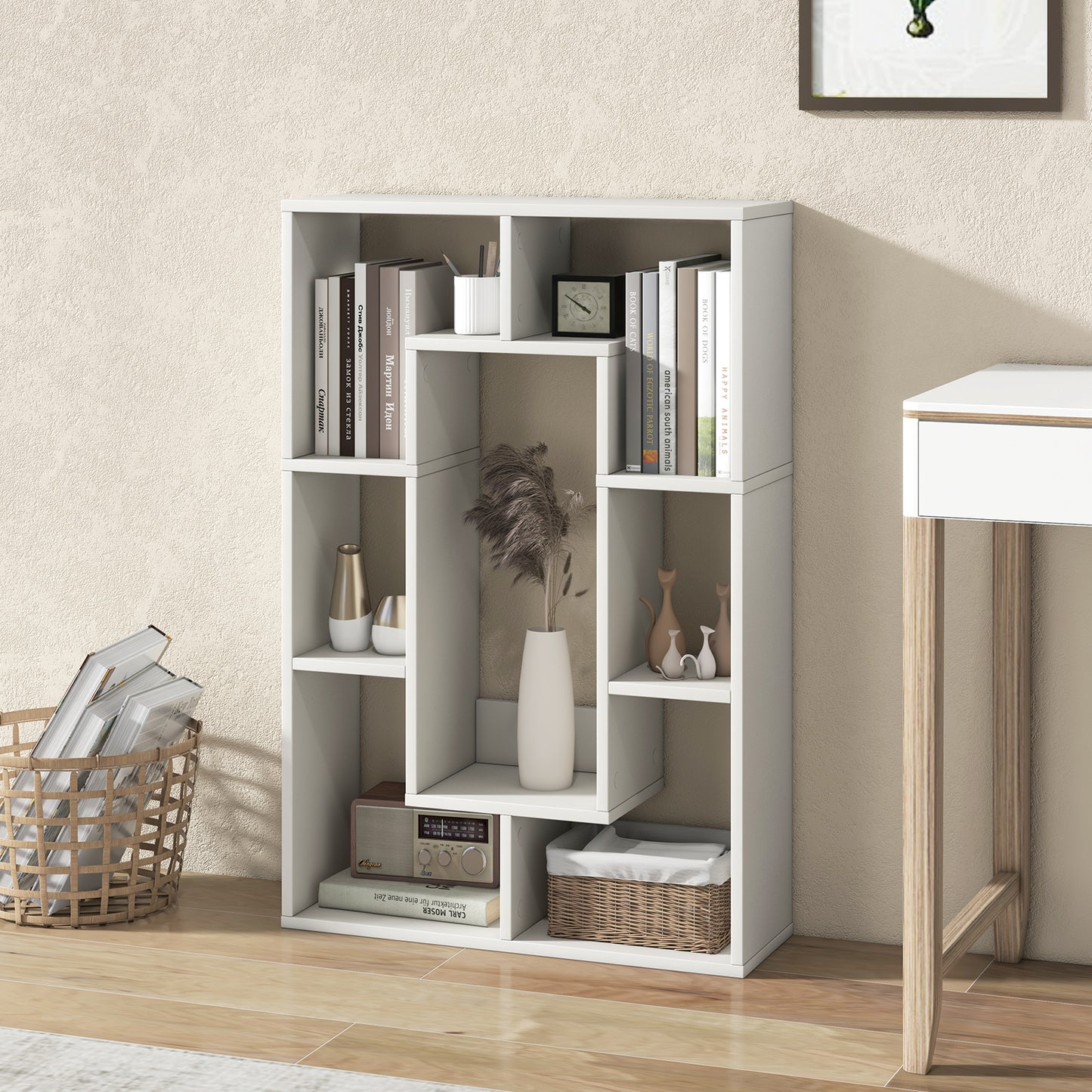 7-Cube Geometric Bookshelf Modern Decorative Open Bookcase-White Kids Crystal