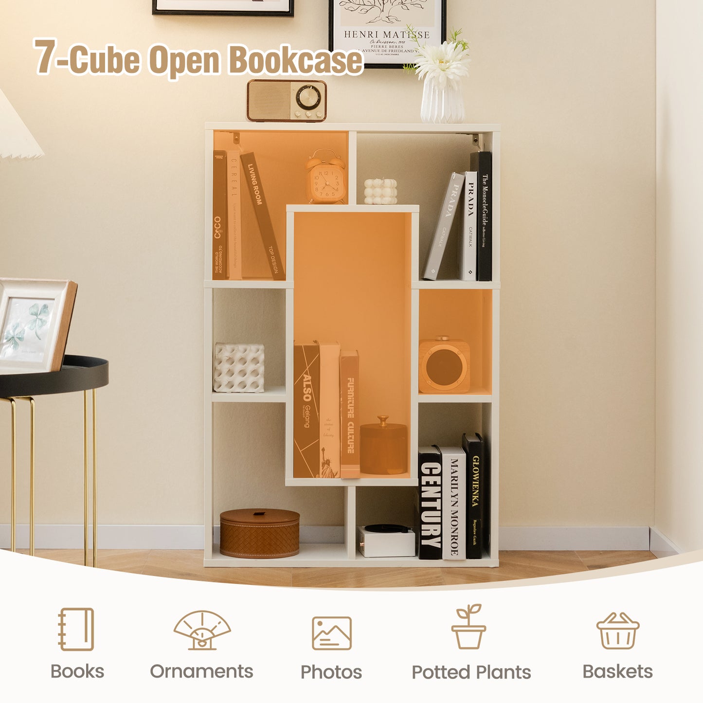 7-Cube Geometric Bookshelf Modern Decorative Open Bookcase-White Kids Crystal