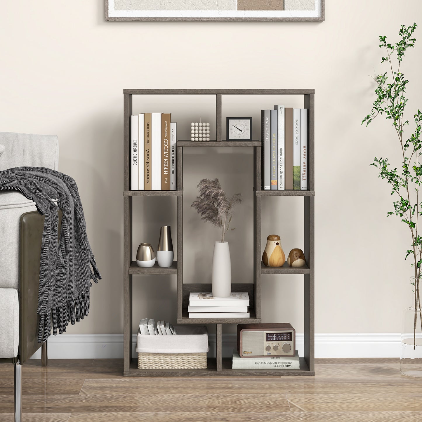 7-Cube Geometric Bookshelf Modern Decorative Open Bookcase-Gray Kids Crystal