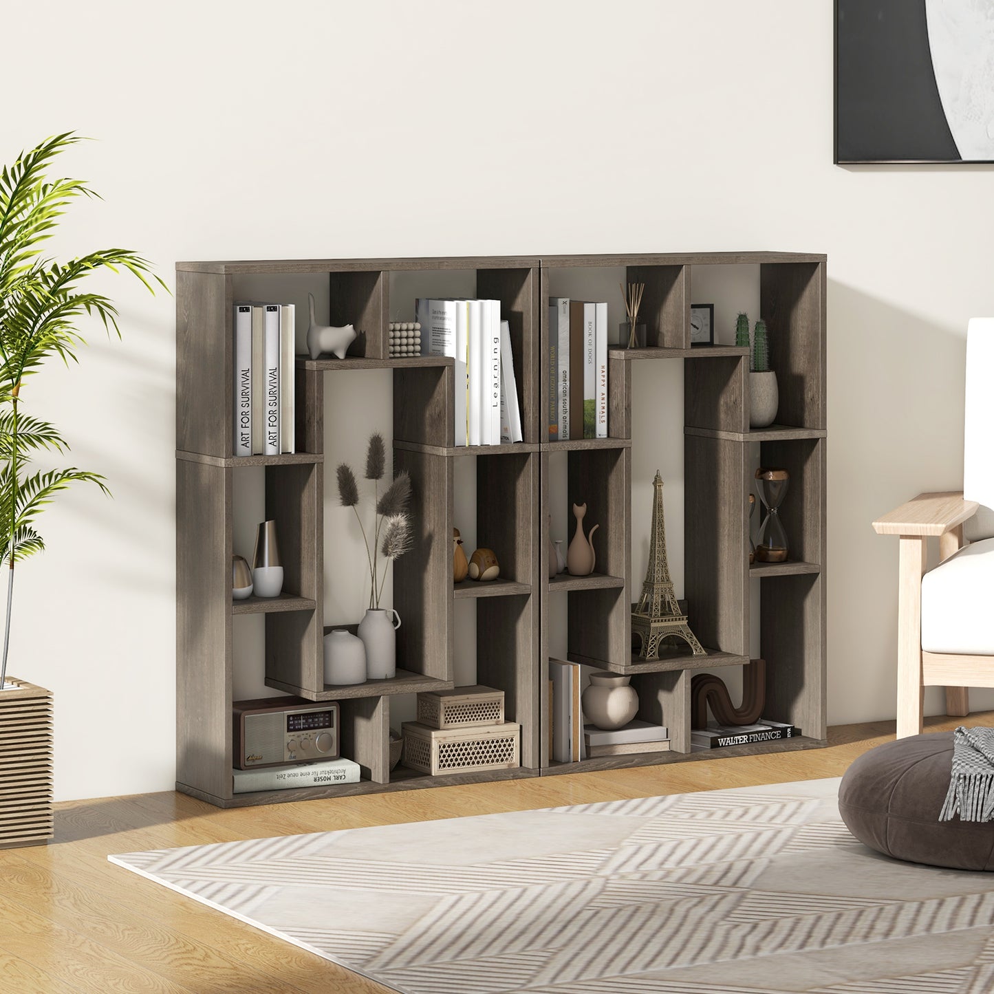 7-Cube Geometric Bookshelf Modern Decorative Open Bookcase-Gray Kids Crystal