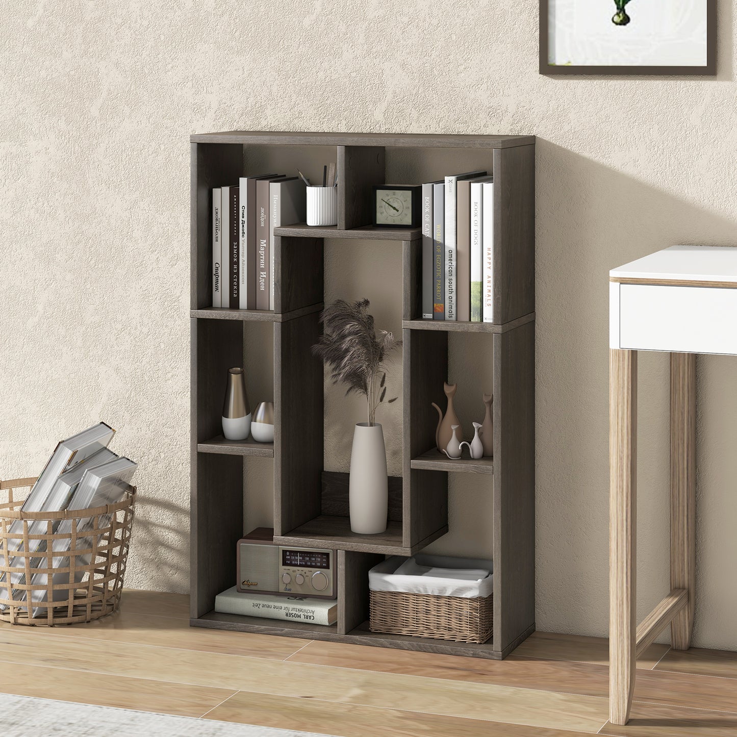 7-Cube Geometric Bookshelf Modern Decorative Open Bookcase-Gray Kids Crystal