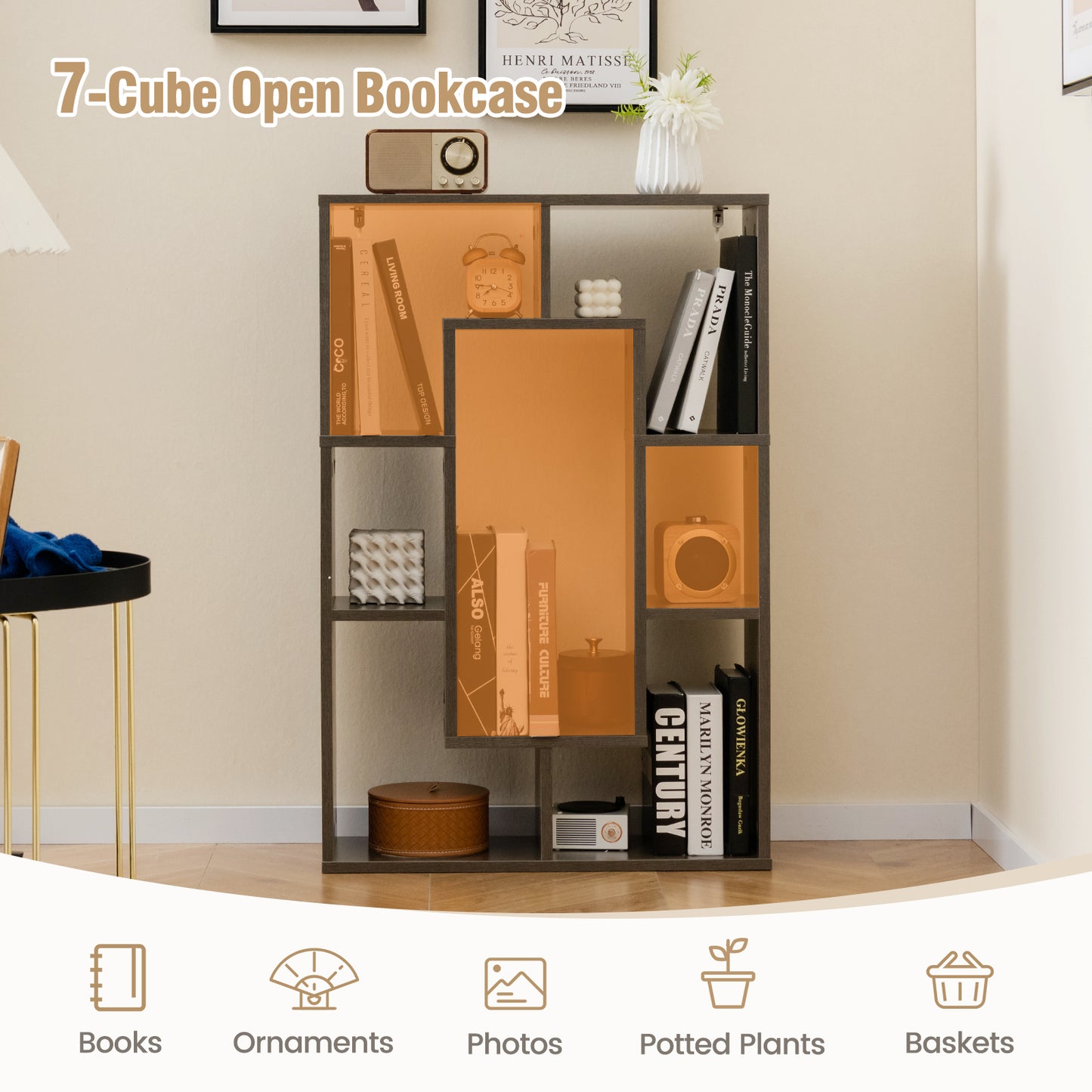 7-Cube Geometric Bookshelf Modern Decorative Open Bookcase-Gray Kids Crystal