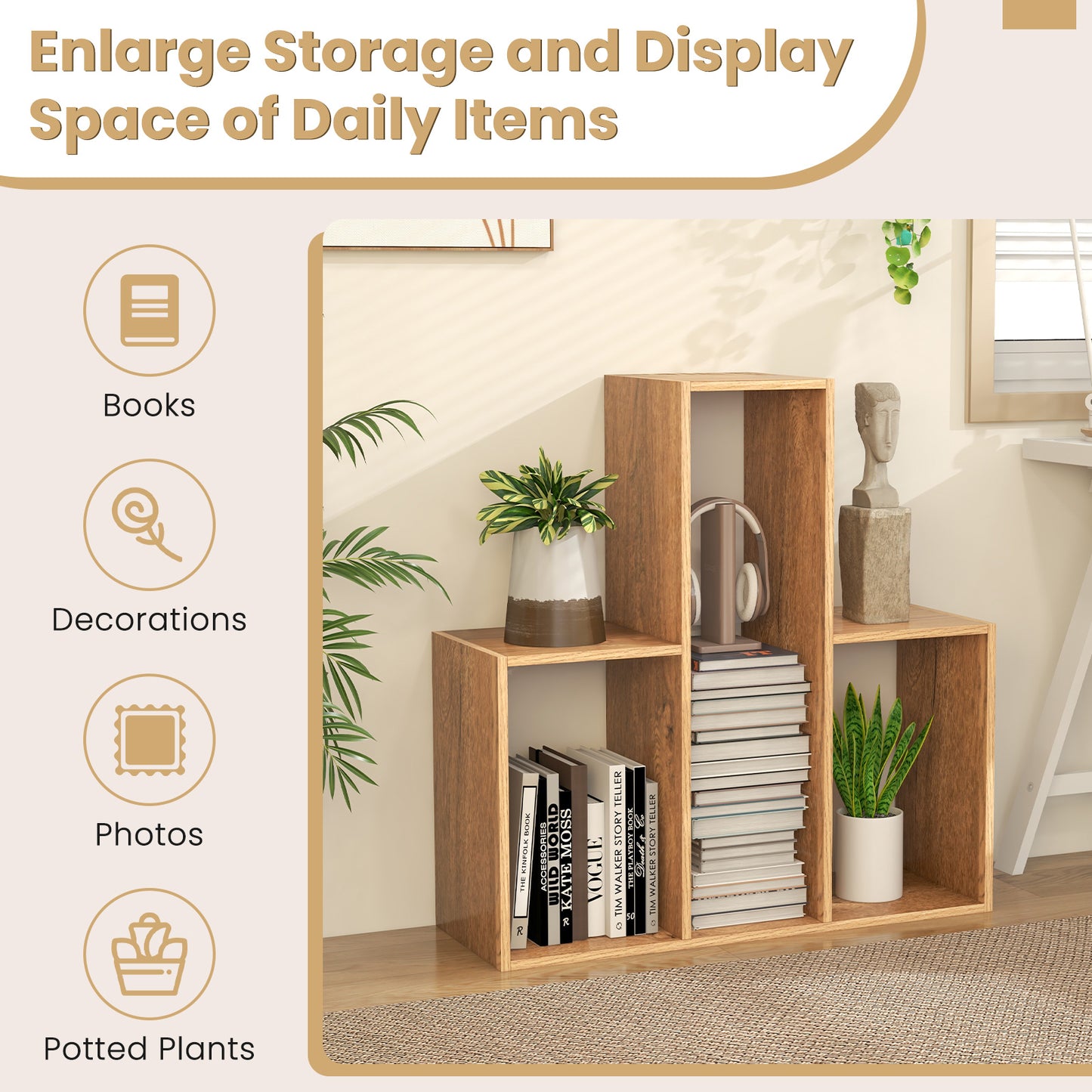 Convex Bookshelf 3-Shelf Open Bookcase Room Organizer with Anti-Toppling Device Kids Crystal