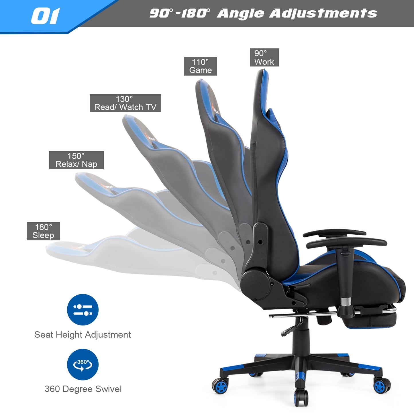 Massage Gaming Chair with Footrest-Blue Kids Crystal