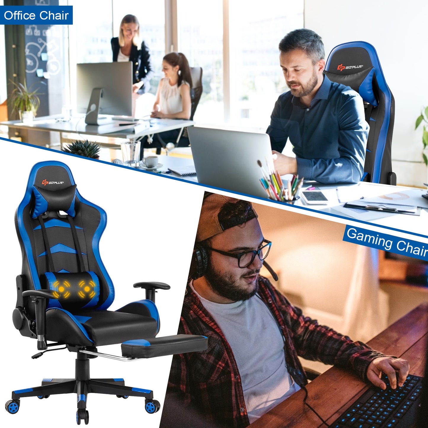 Massage Gaming Chair with Footrest-Blue Kids Crystal