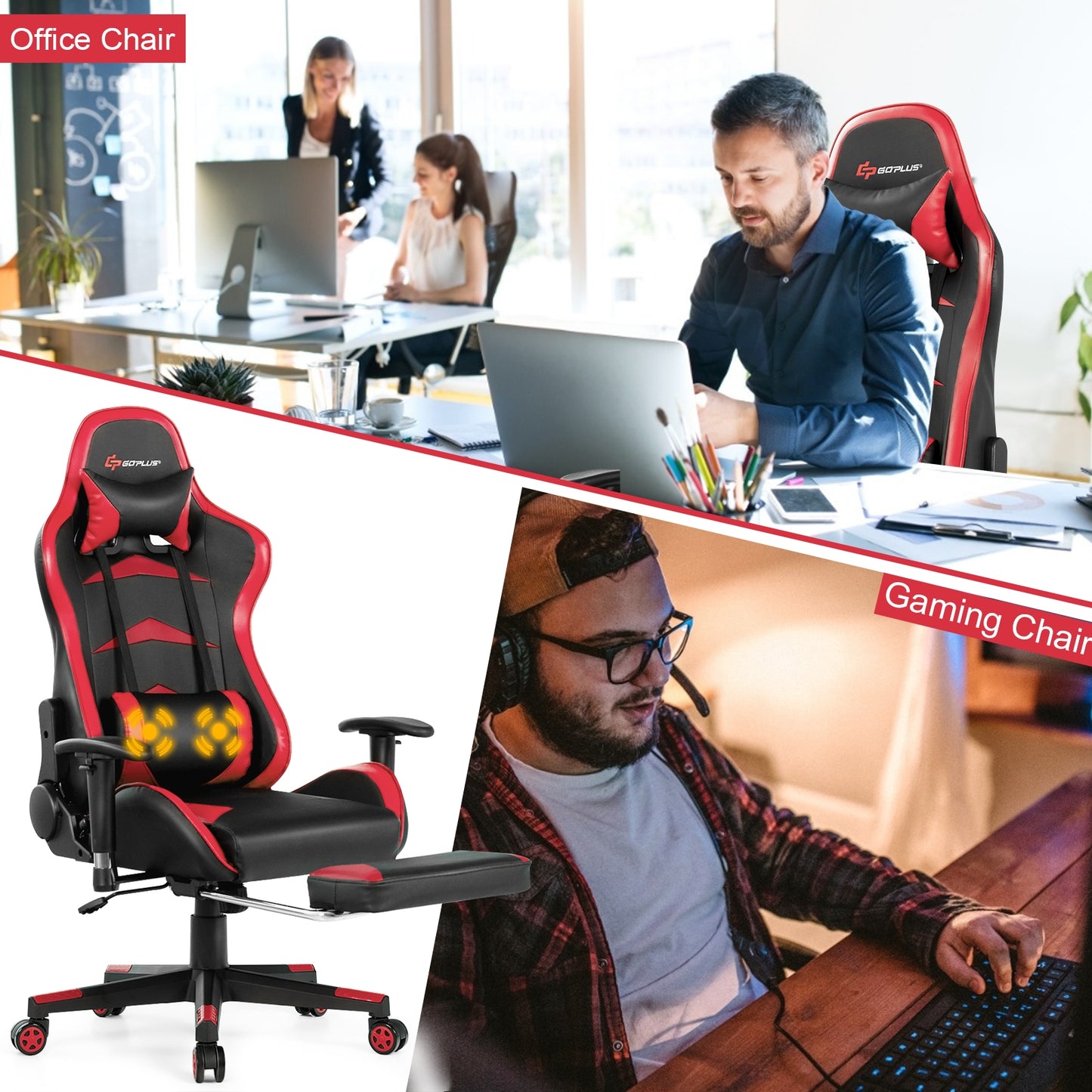 Massage Gaming Chair with Footrest-Red Kids Crystal