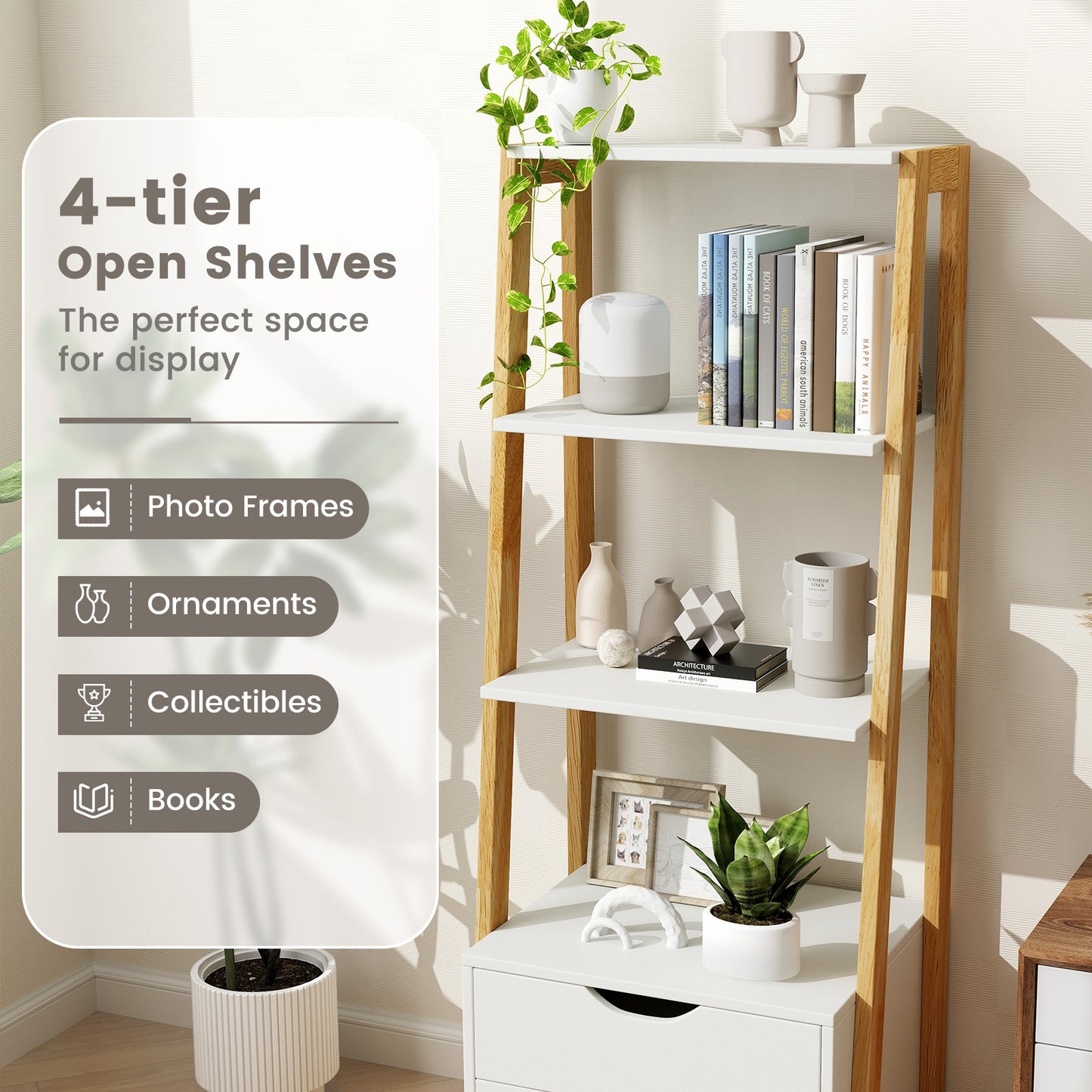 4-Tier Ladder Bookshelf Storage Display with 2 Drawers-White Kids Crystal