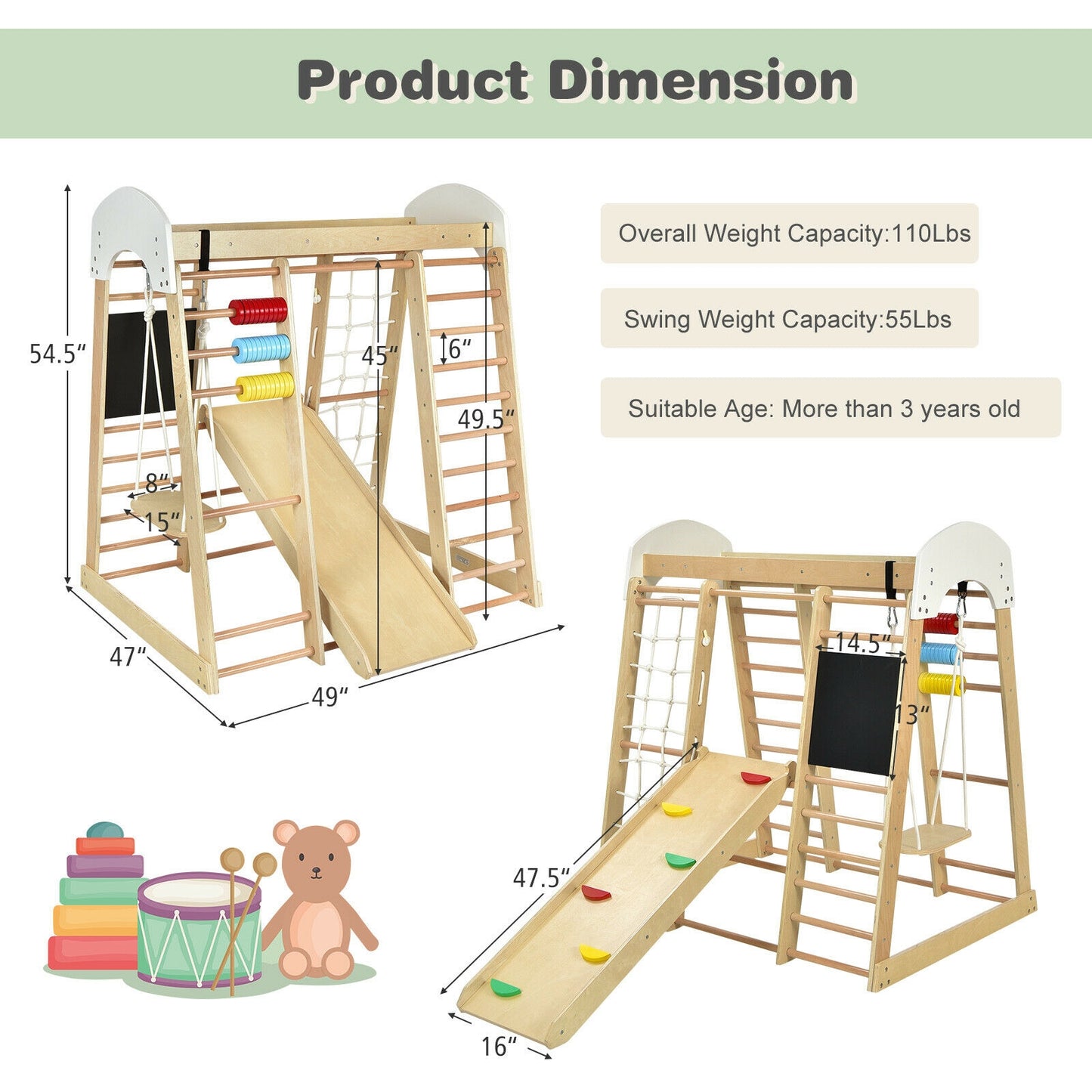 Indoor Playground Climbing Gym Wooden 8-in-1 Climber Playset for Children-Natural Kids Crystal