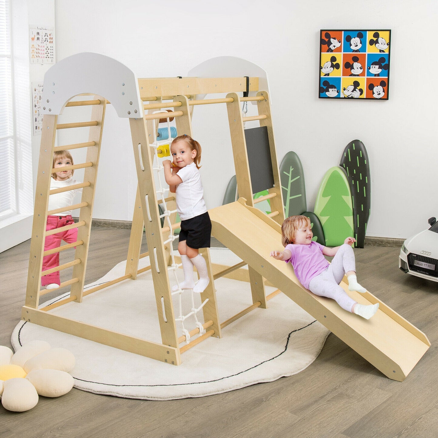 Indoor Playground Climbing Gym Wooden 8-in-1 Climber Playset for Children-Natural Kids Crystal