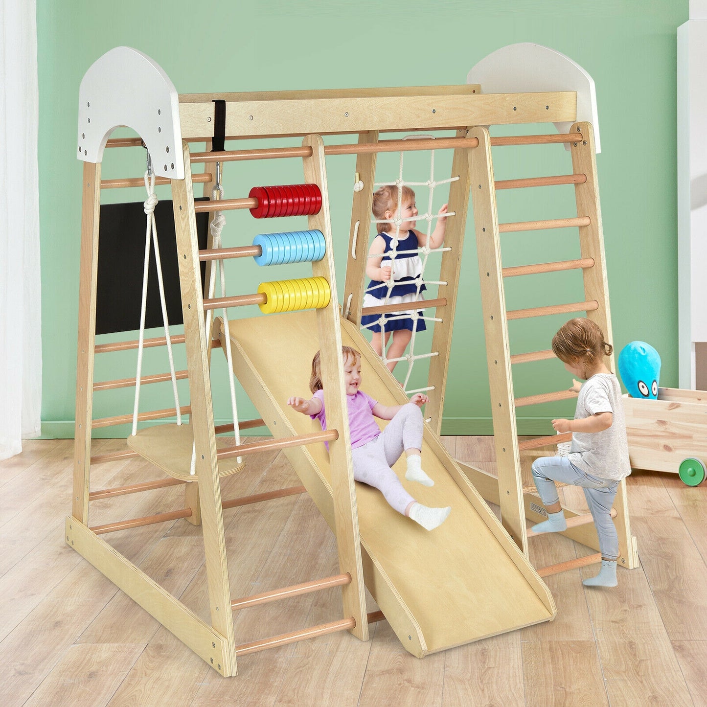Indoor Playground Climbing Gym Wooden 8-in-1 Climber Playset for Children-Natural Kids Crystal