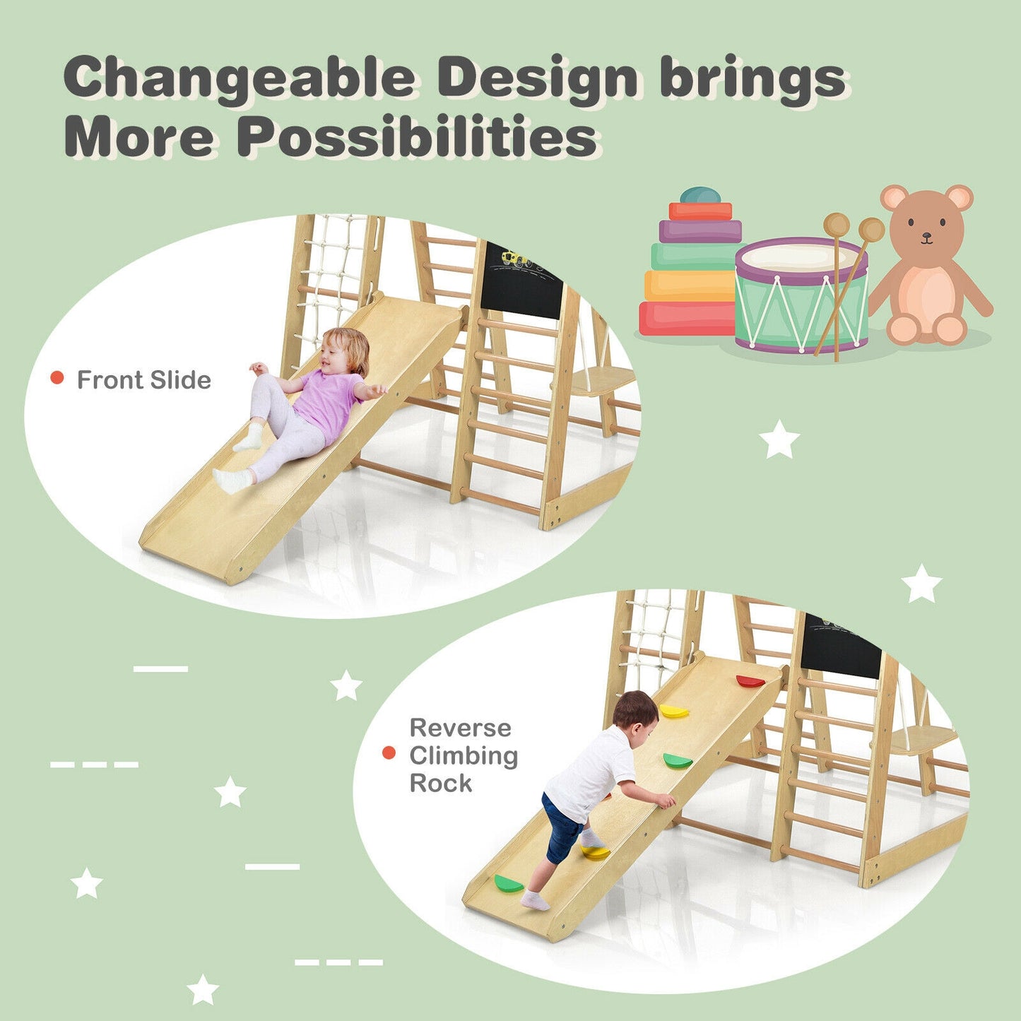 Indoor Playground Climbing Gym Wooden 8-in-1 Climber Playset for Children-Natural Kids Crystal