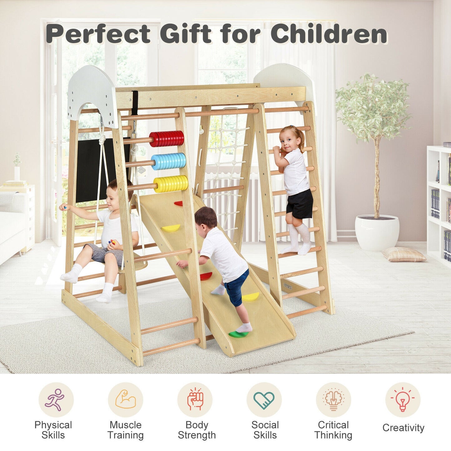 Indoor Playground Climbing Gym Wooden 8-in-1 Climber Playset for Children-Natural Kids Crystal