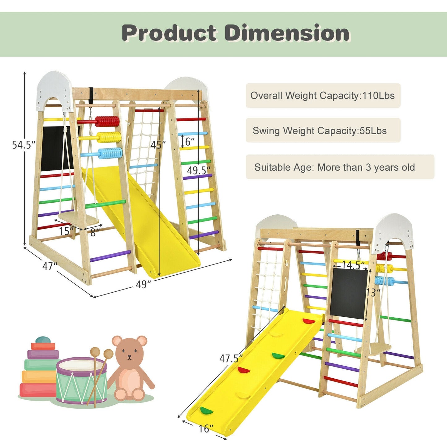 Indoor Playground Climbing Gym Wooden 8-in-1 Climber Playset for Children-Multicolor Kids Crystal