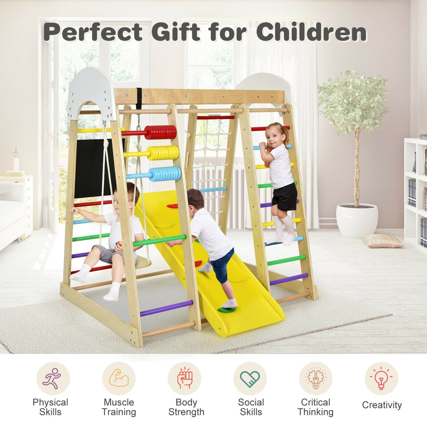 Indoor Playground Climbing Gym Wooden 8-in-1 Climber Playset for Children-Multicolor Kids Crystal