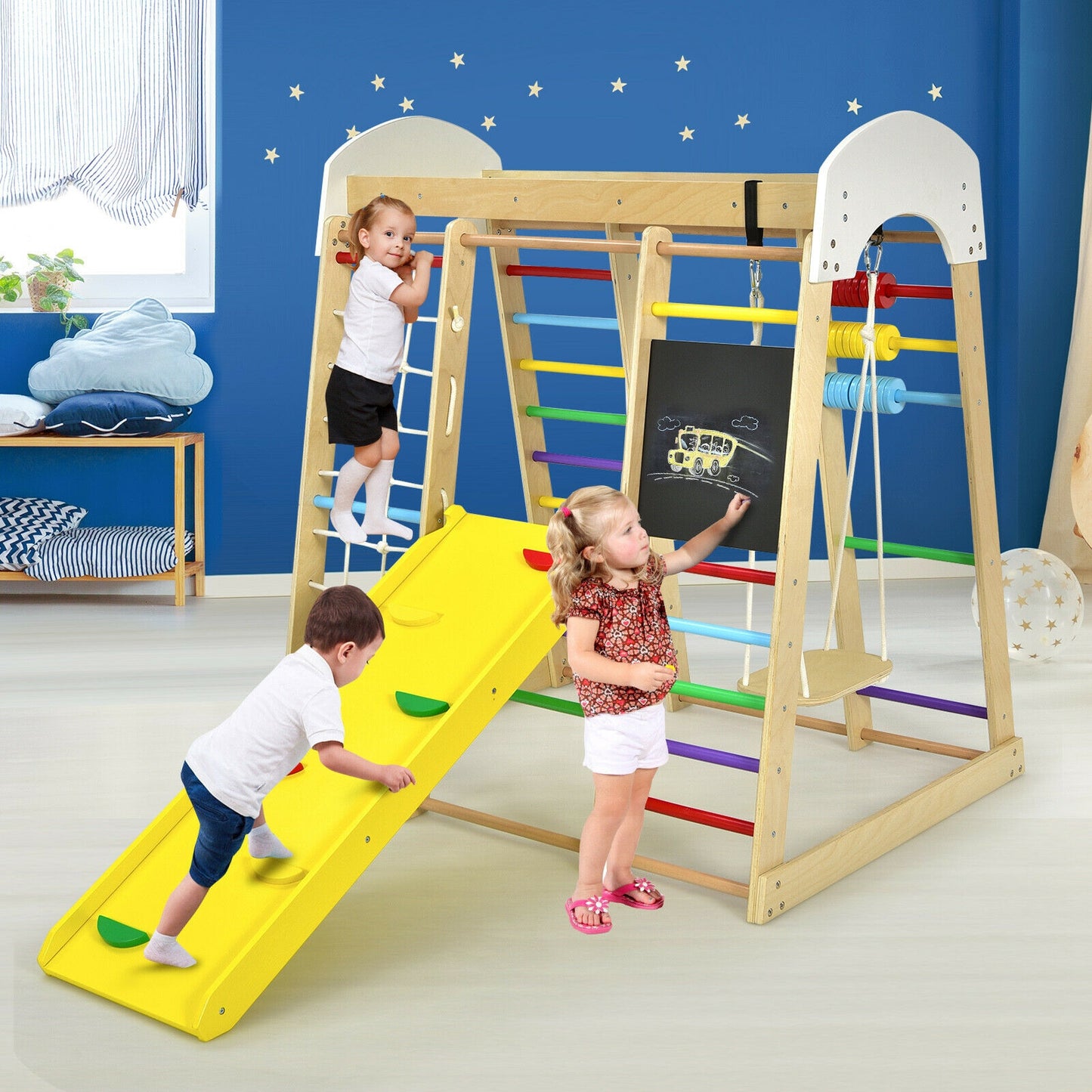 Indoor Playground Climbing Gym Wooden 8-in-1 Climber Playset for Children-Multicolor Kids Crystal