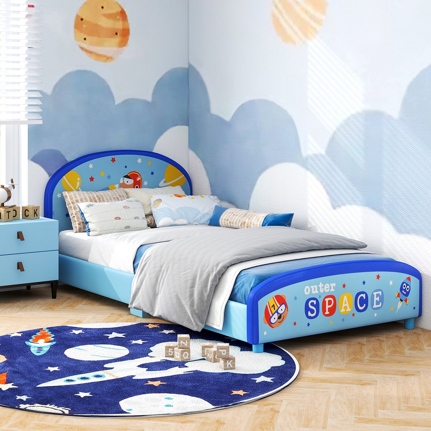 Wood Upholstered Twin Bed Platform with Slat Support-Blue Kids Crystal