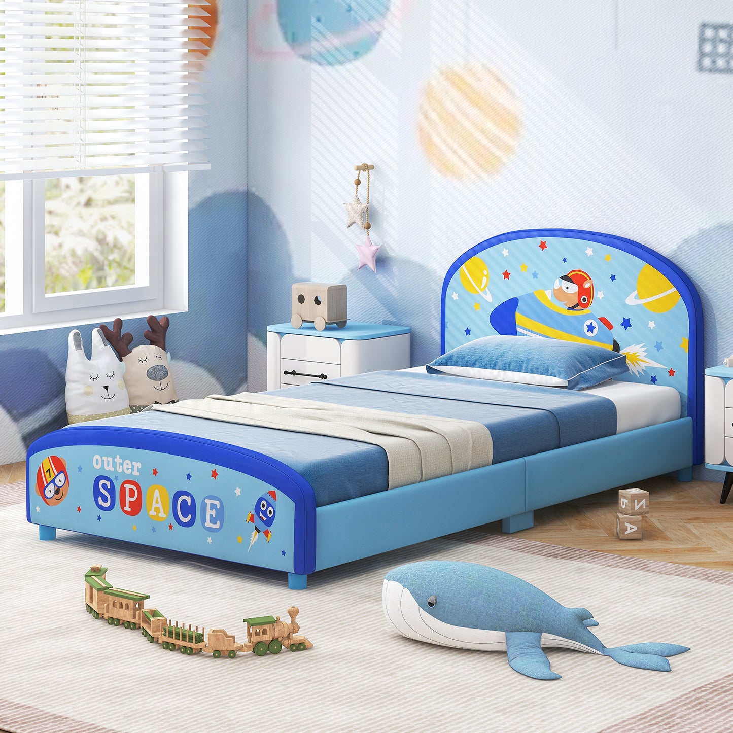 Wood Upholstered Twin Bed Platform with Slat Support-Blue Kids Crystal