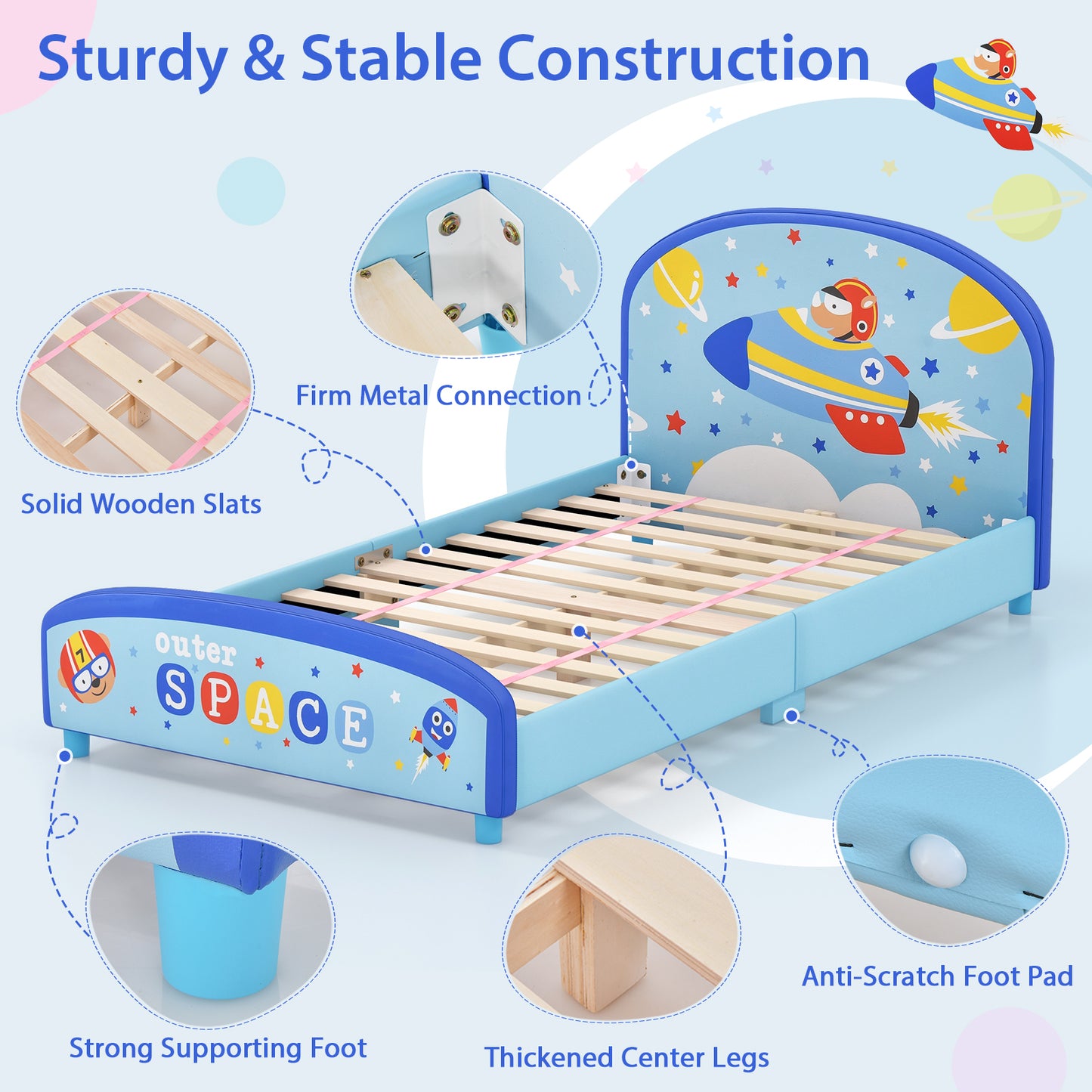 Wood Upholstered Twin Bed Platform with Slat Support-Blue Kids Crystal