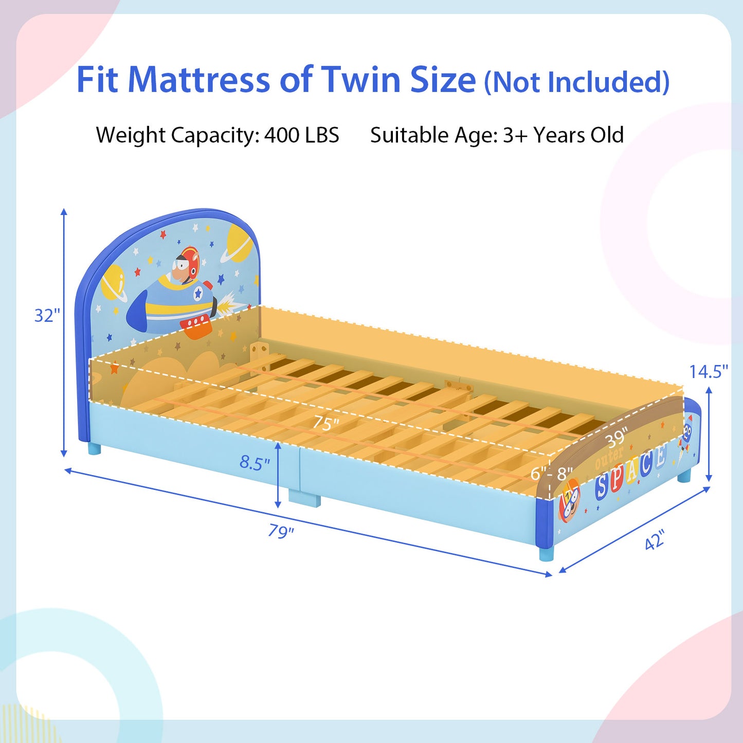 Wood Upholstered Twin Bed Platform with Slat Support-Blue Kids Crystal