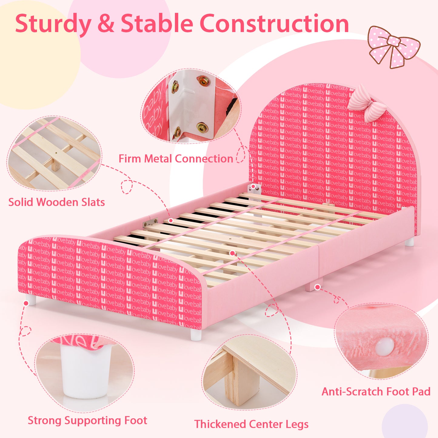 Wood Upholstered Twin Bed Platform with Slat Support-Pink Kids Crystal
