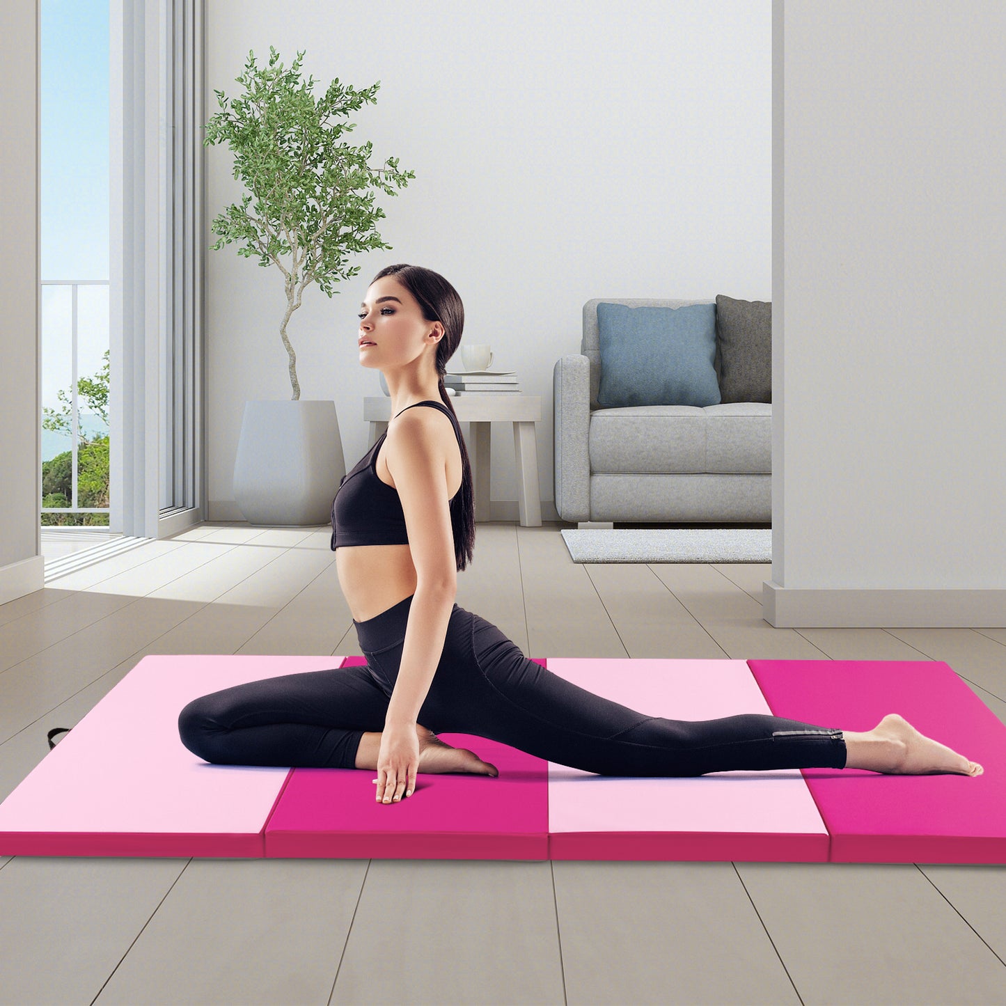 4-Panel PU Leather Folding Exercise Mat with Carrying Handles-Hot Pink Kids Crystal