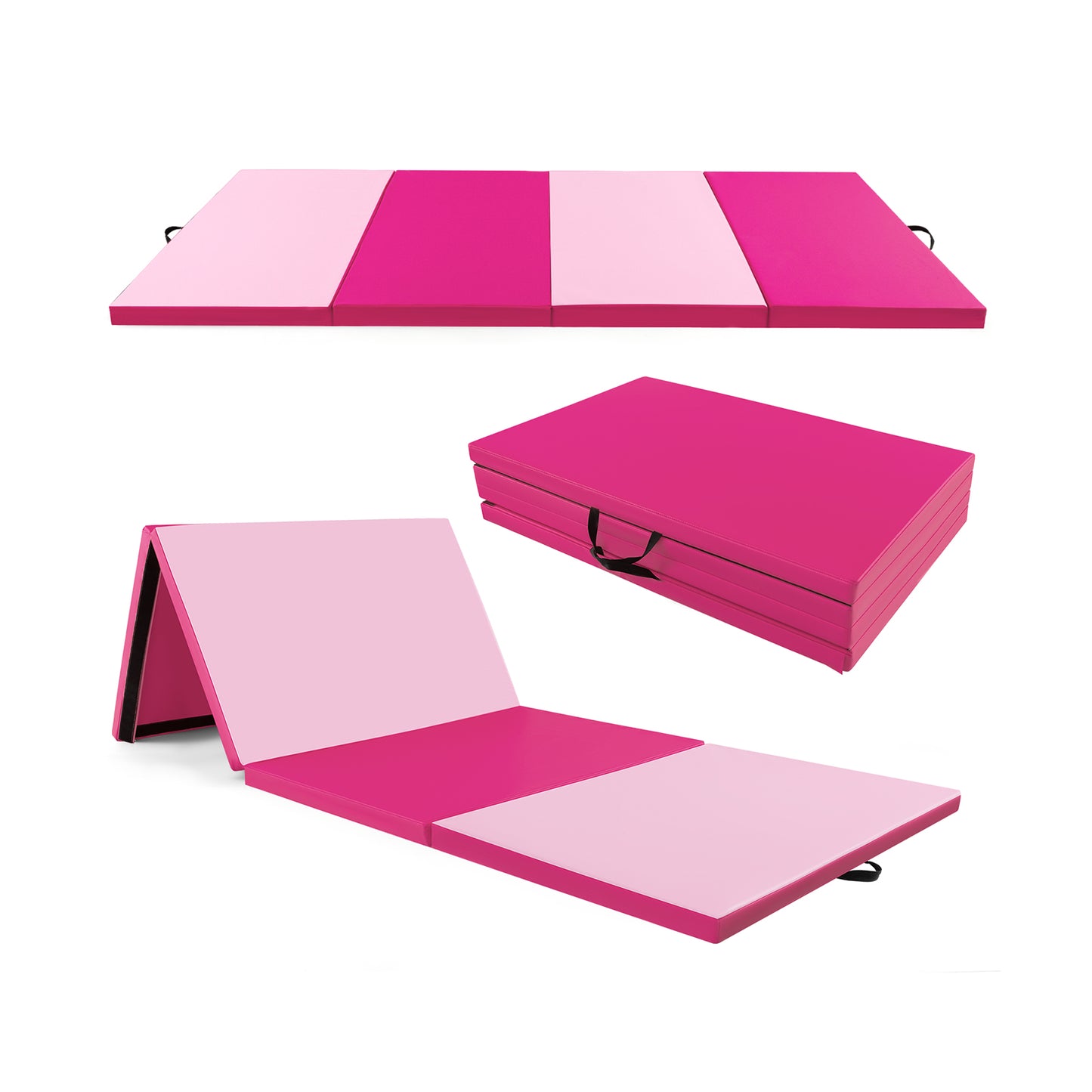 4-Panel PU Leather Folding Exercise Mat with Carrying Handles-Hot Pink Kids Crystal