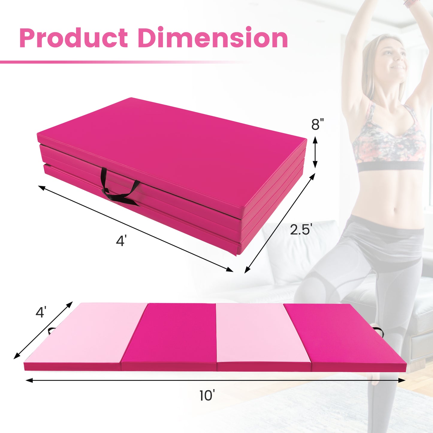 4-Panel PU Leather Folding Exercise Mat with Carrying Handles-Hot Pink Kids Crystal