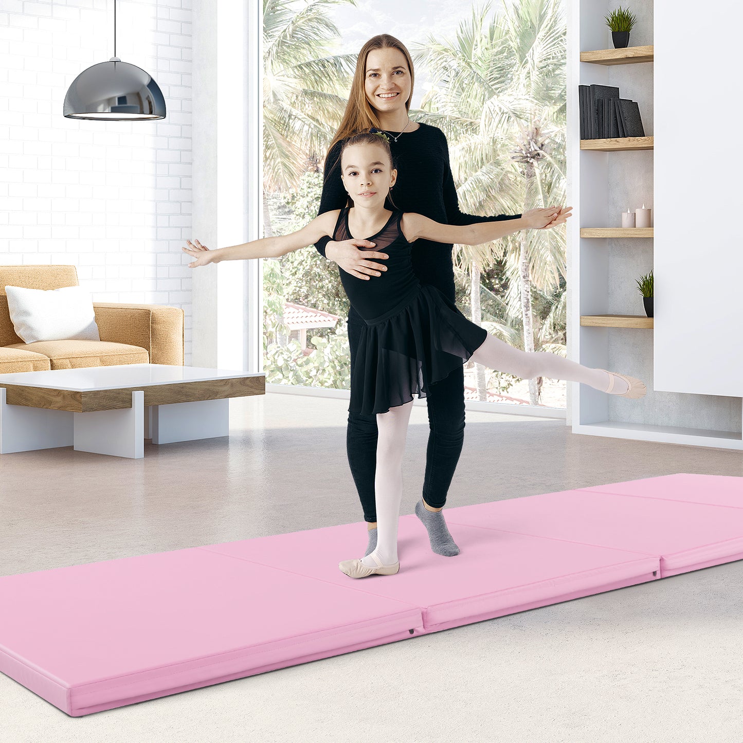 4-Panel PU Leather Folding Exercise Mat with Carrying Handles-Pink Kids Crystal