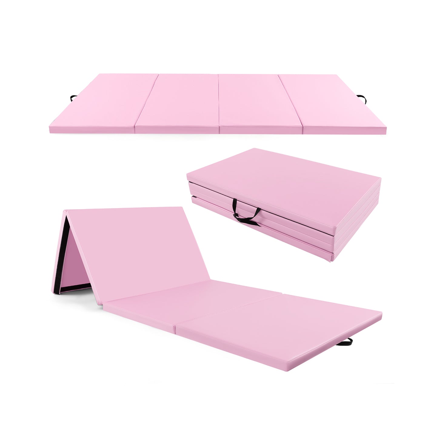 4-Panel PU Leather Folding Exercise Mat with Carrying Handles-Pink Kids Crystal