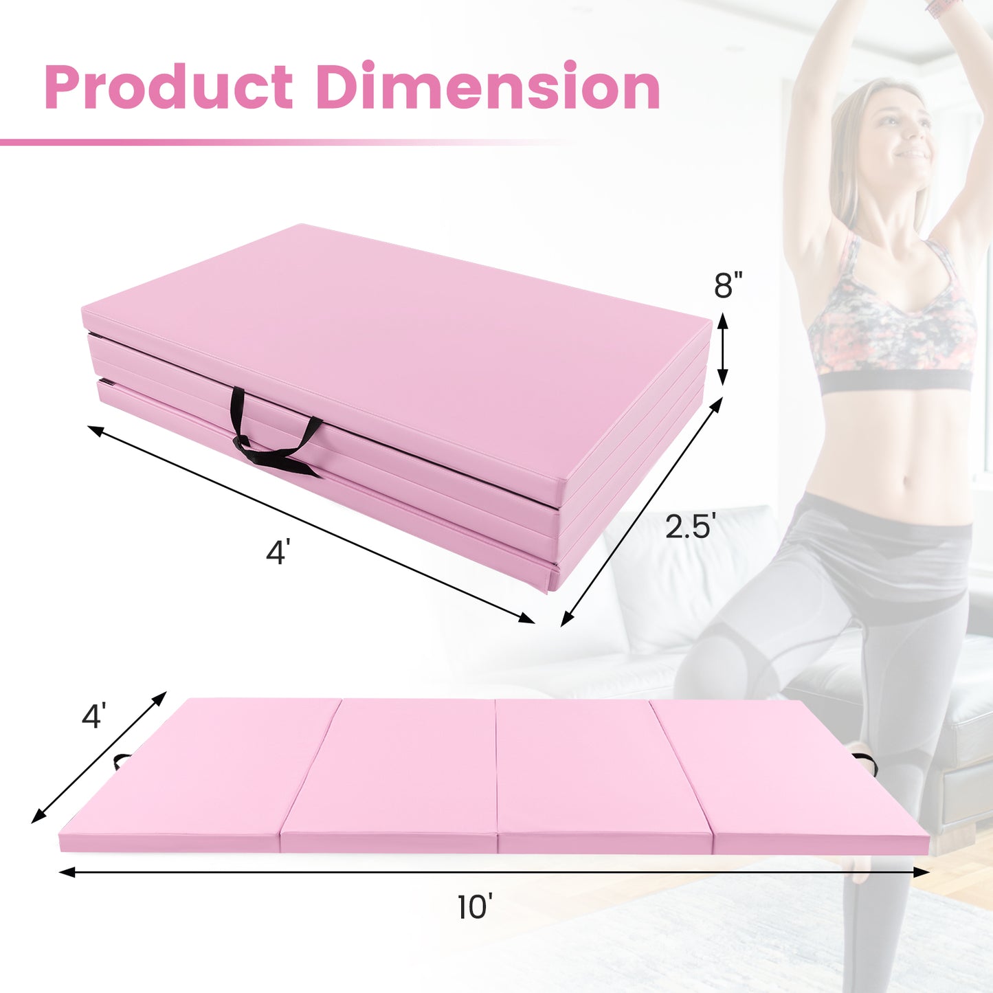 4-Panel PU Leather Folding Exercise Mat with Carrying Handles-Pink Kids Crystal