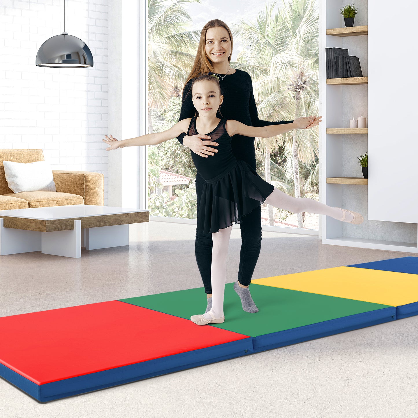 4-Panel PU Leather Folding Exercise Mat with Carrying Handles-Multicolor Kids Crystal