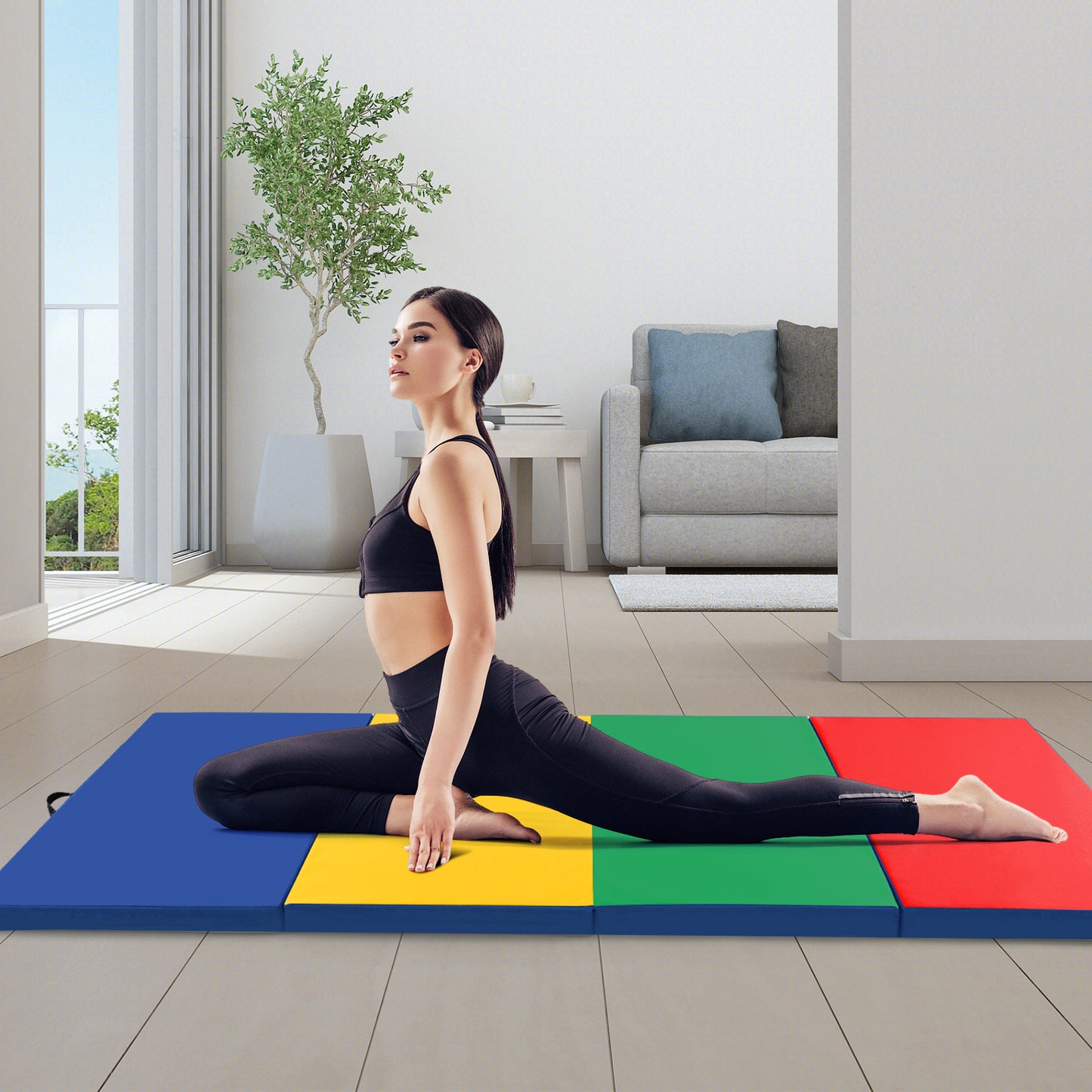 4-Panel PU Leather Folding Exercise Mat with Carrying Handles-Multicolor Kids Crystal