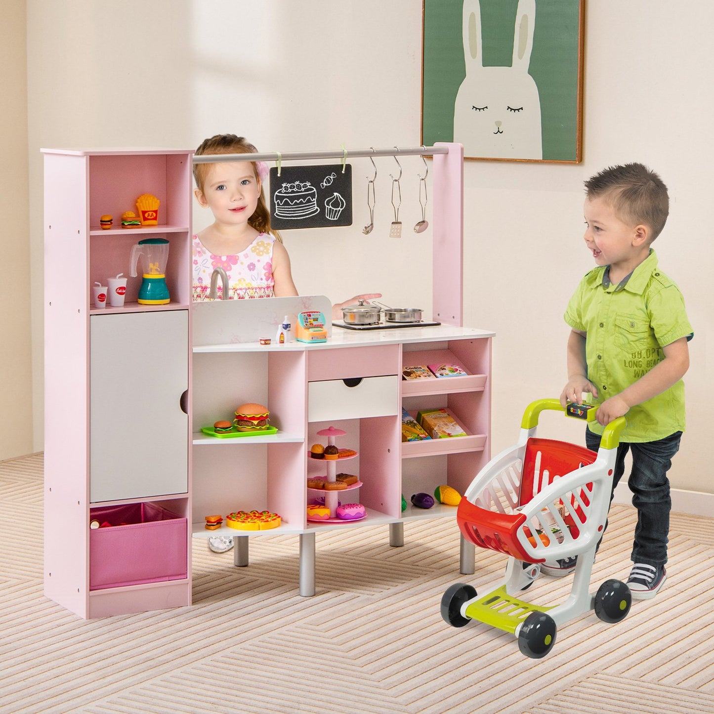 2-in-1 Double-sided Kids Kitchen and Market with Realistic Light and Sound-Pink Kids Crystal