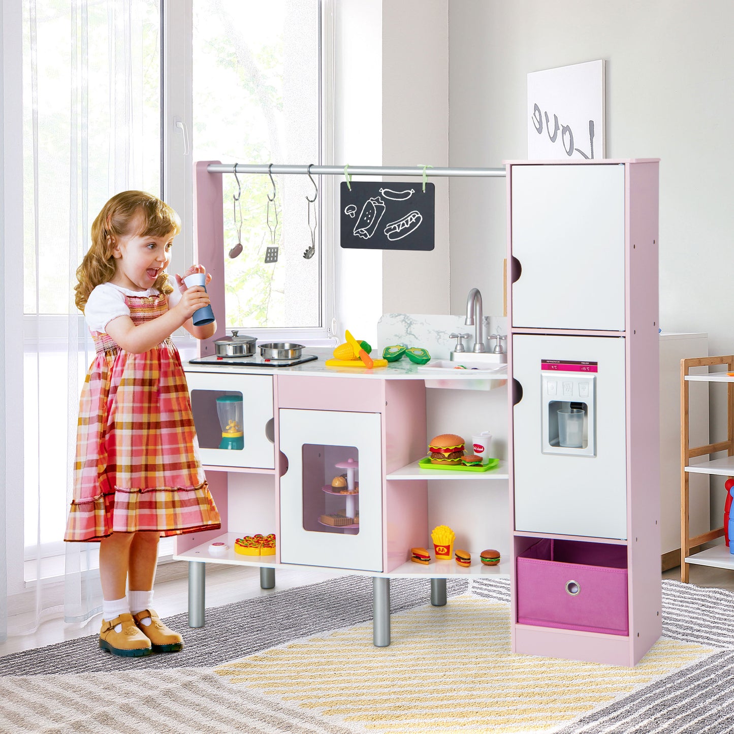 2-in-1 Double-sided Kids Kitchen and Market with Realistic Light and Sound-Pink Kids Crystal