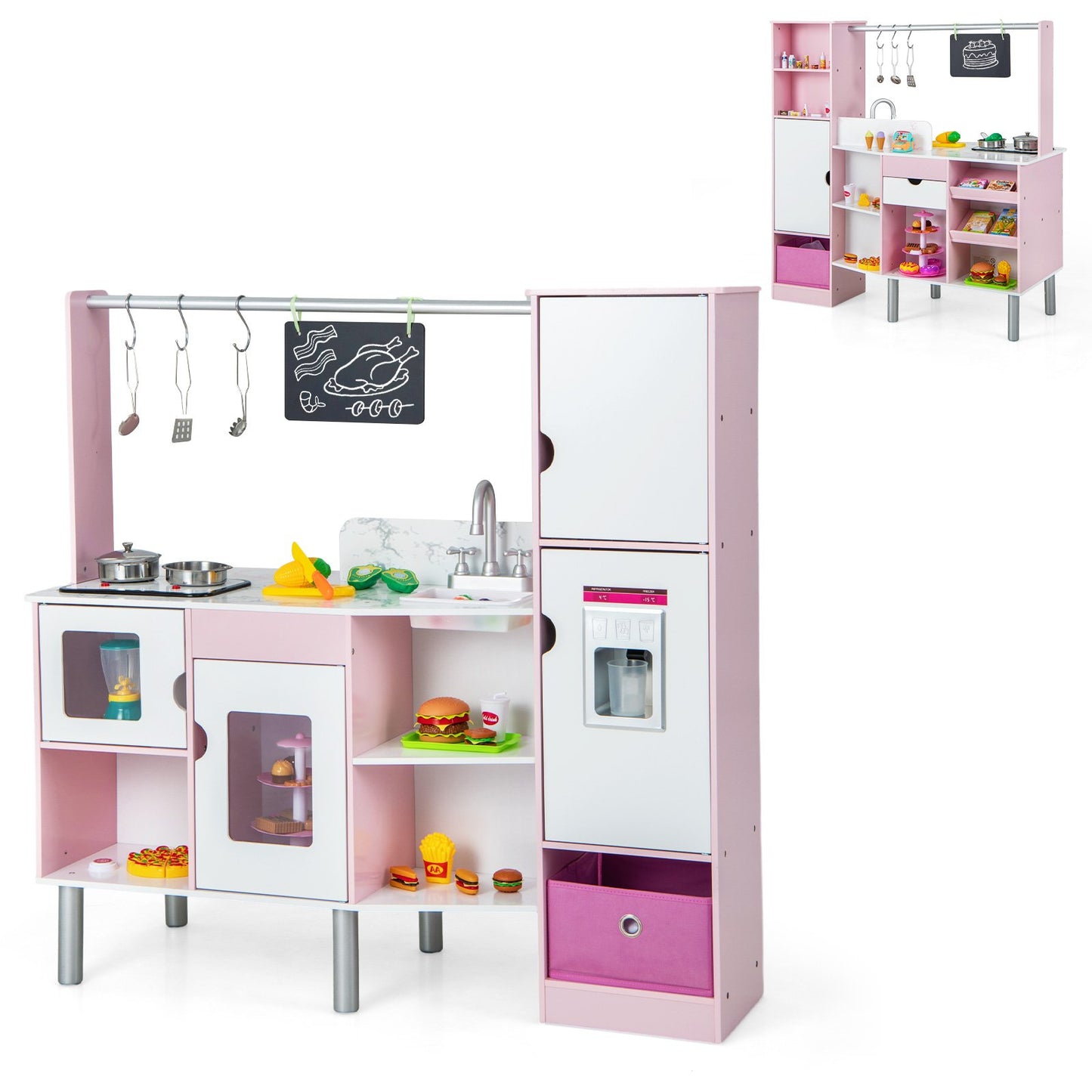 2-in-1 Double-sided Kids Kitchen and Market with Realistic Light and Sound-Pink Kids Crystal