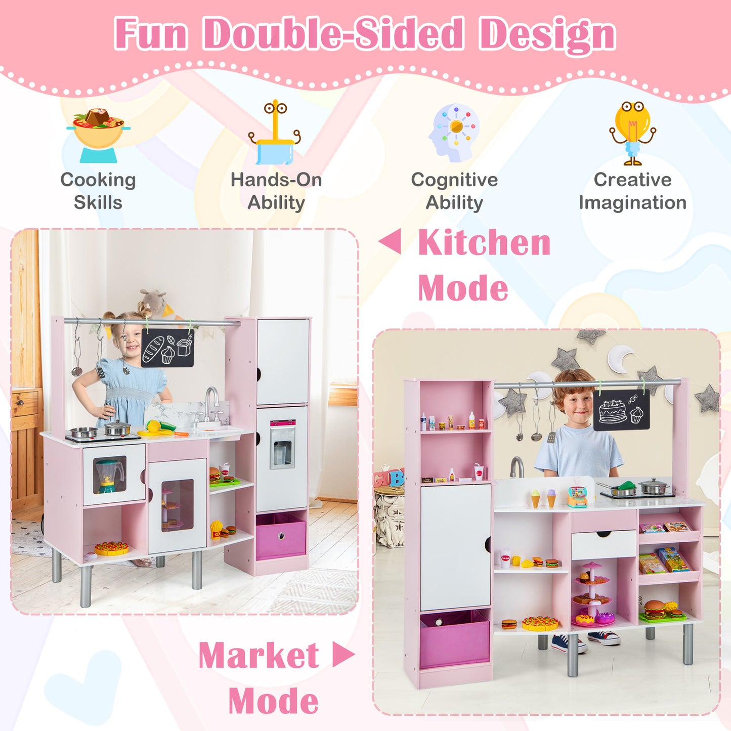 2-in-1 Double-sided Kids Kitchen and Market with Realistic Light and Sound-Pink Kids Crystal