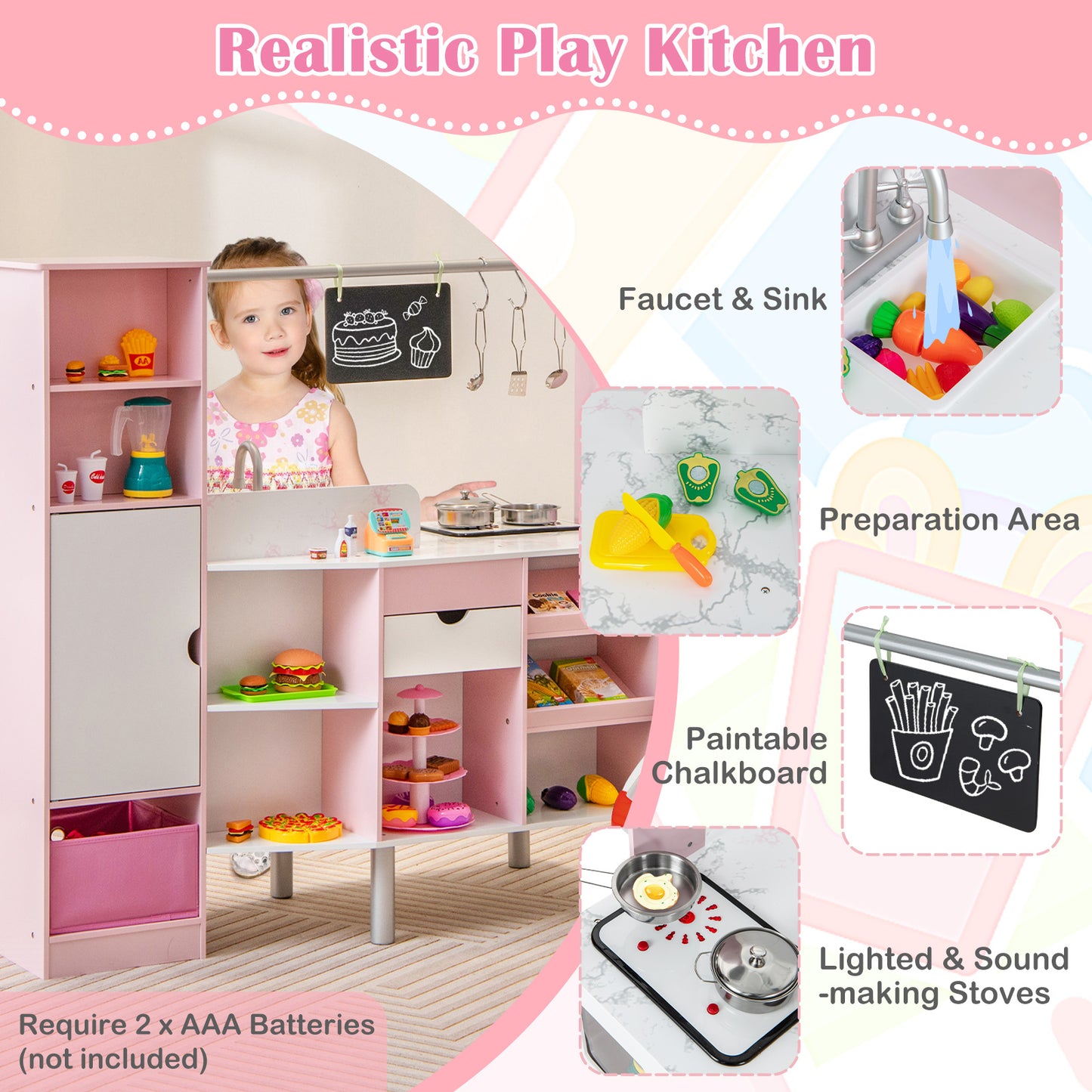 2-in-1 Double-sided Kids Kitchen and Market with Realistic Light and Sound-Pink Kids Crystal