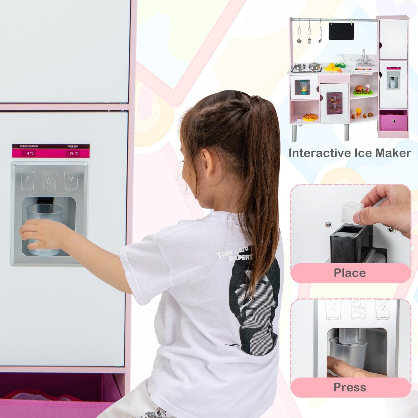 2-in-1 Double-sided Kids Kitchen and Market with Realistic Light and Sound-Pink Kids Crystal
