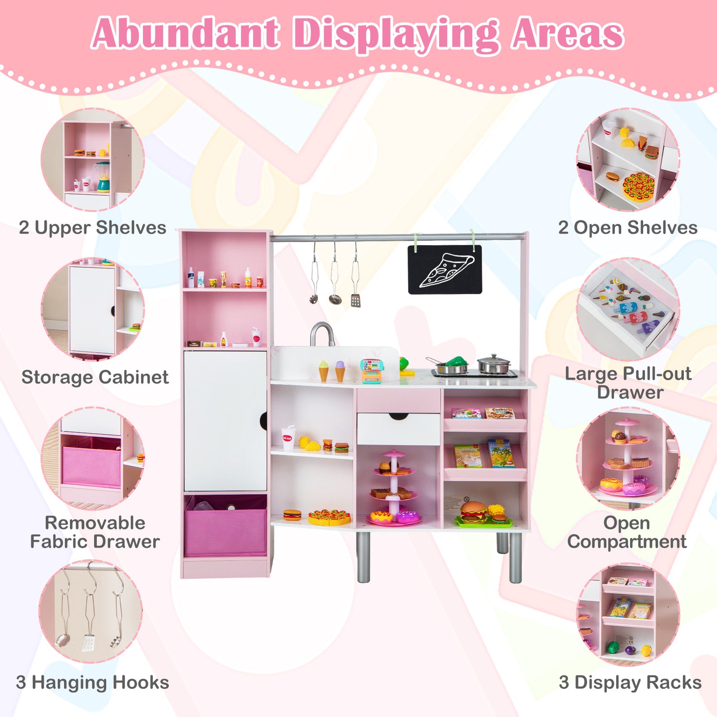 2-in-1 Double-sided Kids Kitchen and Market with Realistic Light and Sound-Pink Kids Crystal