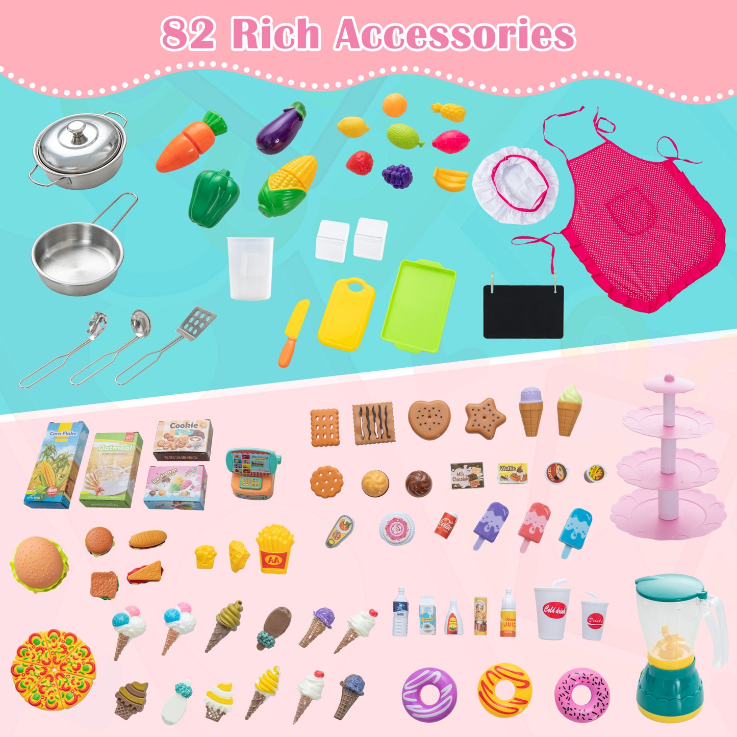 2-in-1 Double-sided Kids Kitchen and Market with Realistic Light and Sound-Pink Kids Crystal
