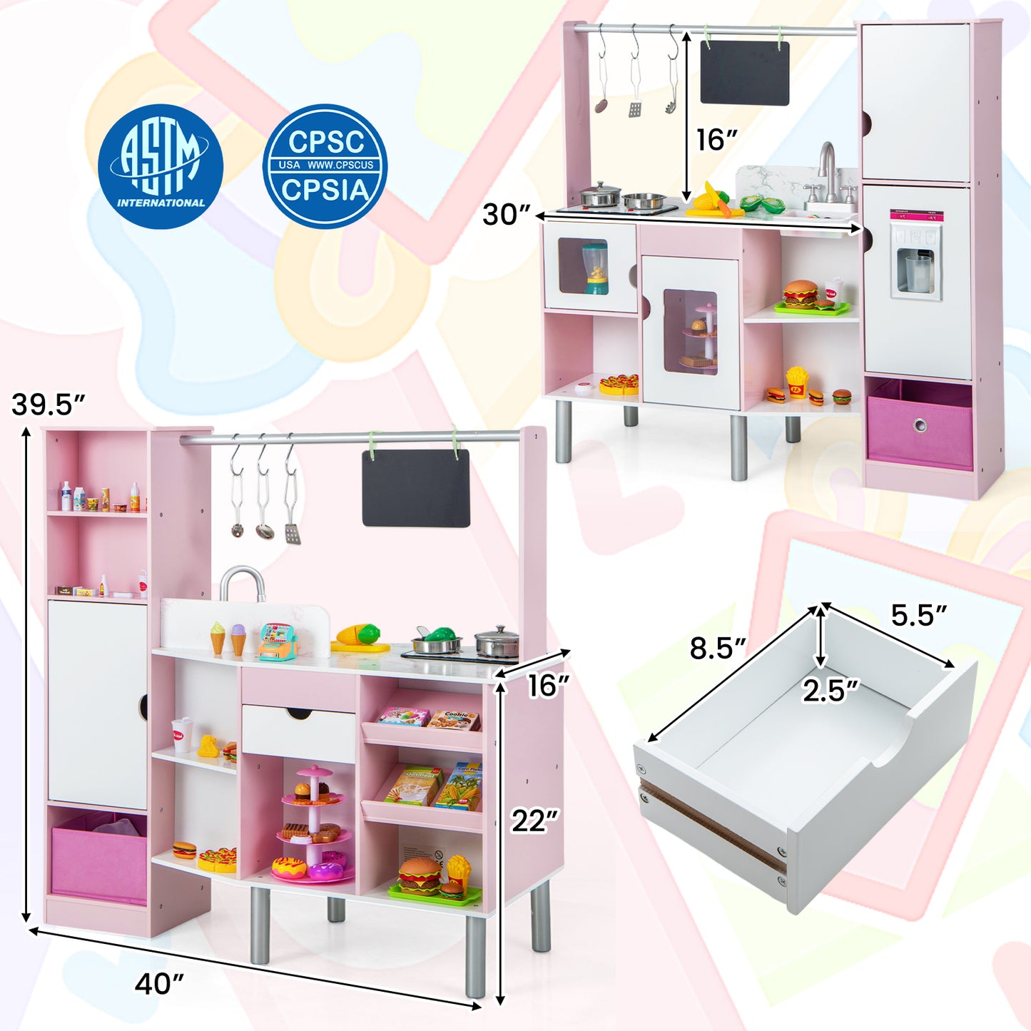 2-in-1 Double-sided Kids Kitchen and Market with Realistic Light and Sound-Pink Kids Crystal