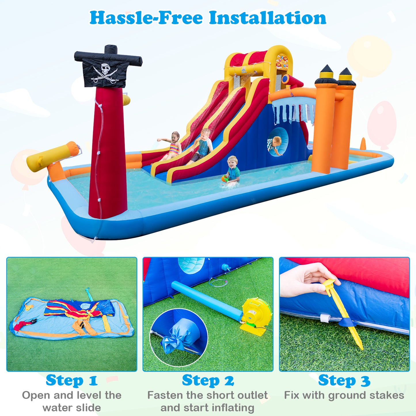 6-In-1 Inflatable Water Slide with Dual Slides and Cave Crawling Game without Blower Kids Crystal