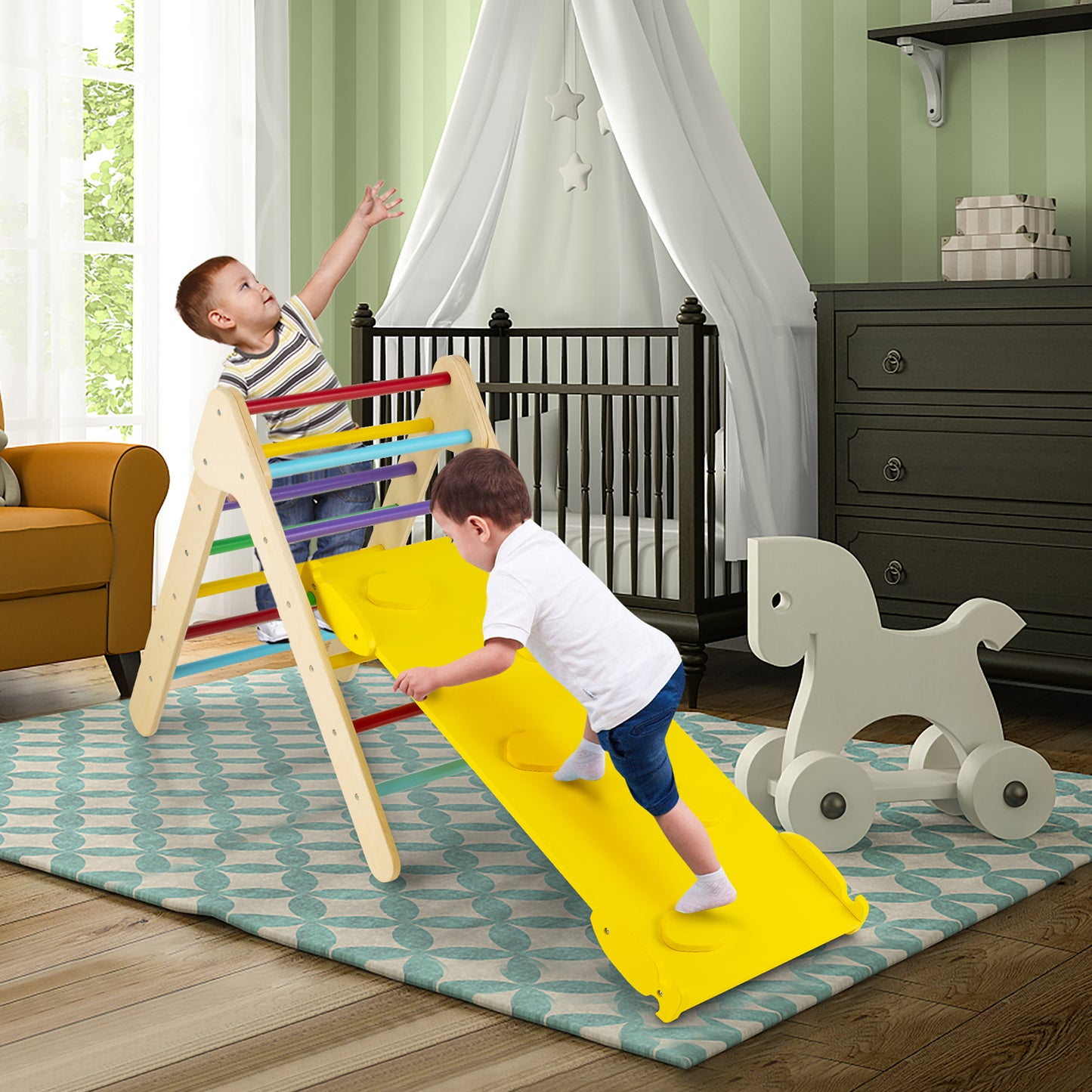 3-in-1 Wooden Climbing Triangle Set Triangle Climber with Ramp-Multicolor Kids Crystal