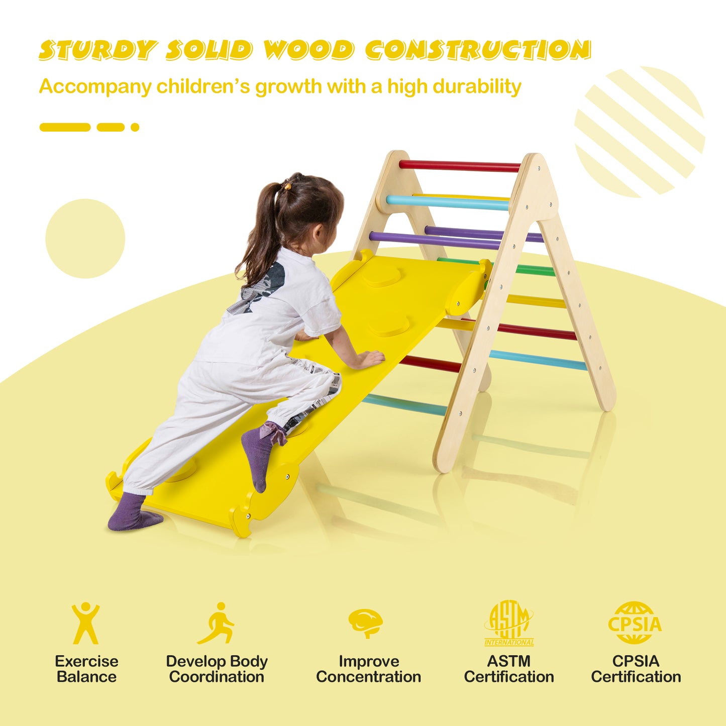 3-in-1 Wooden Climbing Triangle Set Triangle Climber with Ramp-Multicolor Kids Crystal
