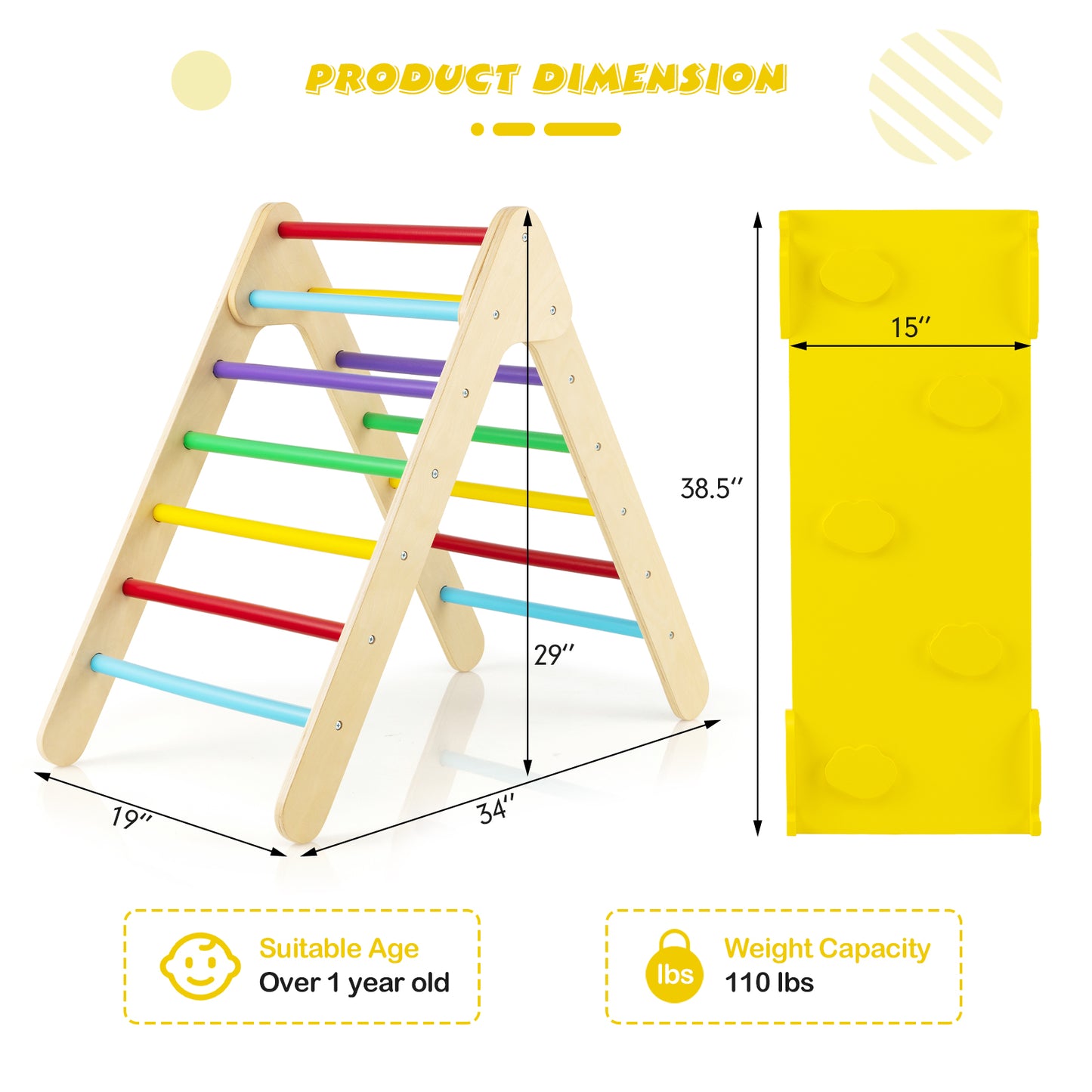 3-in-1 Wooden Climbing Triangle Set Triangle Climber with Ramp-Multicolor Kids Crystal