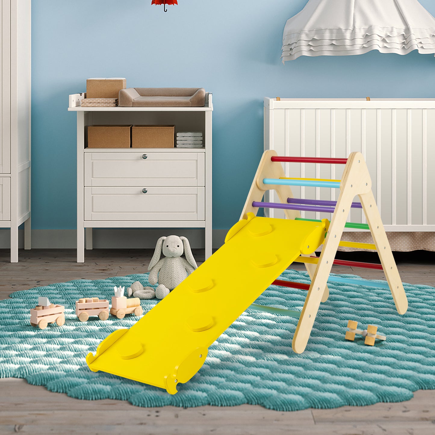 3-in-1 Wooden Climbing Triangle Set Triangle Climber with Ramp-Multicolor Kids Crystal