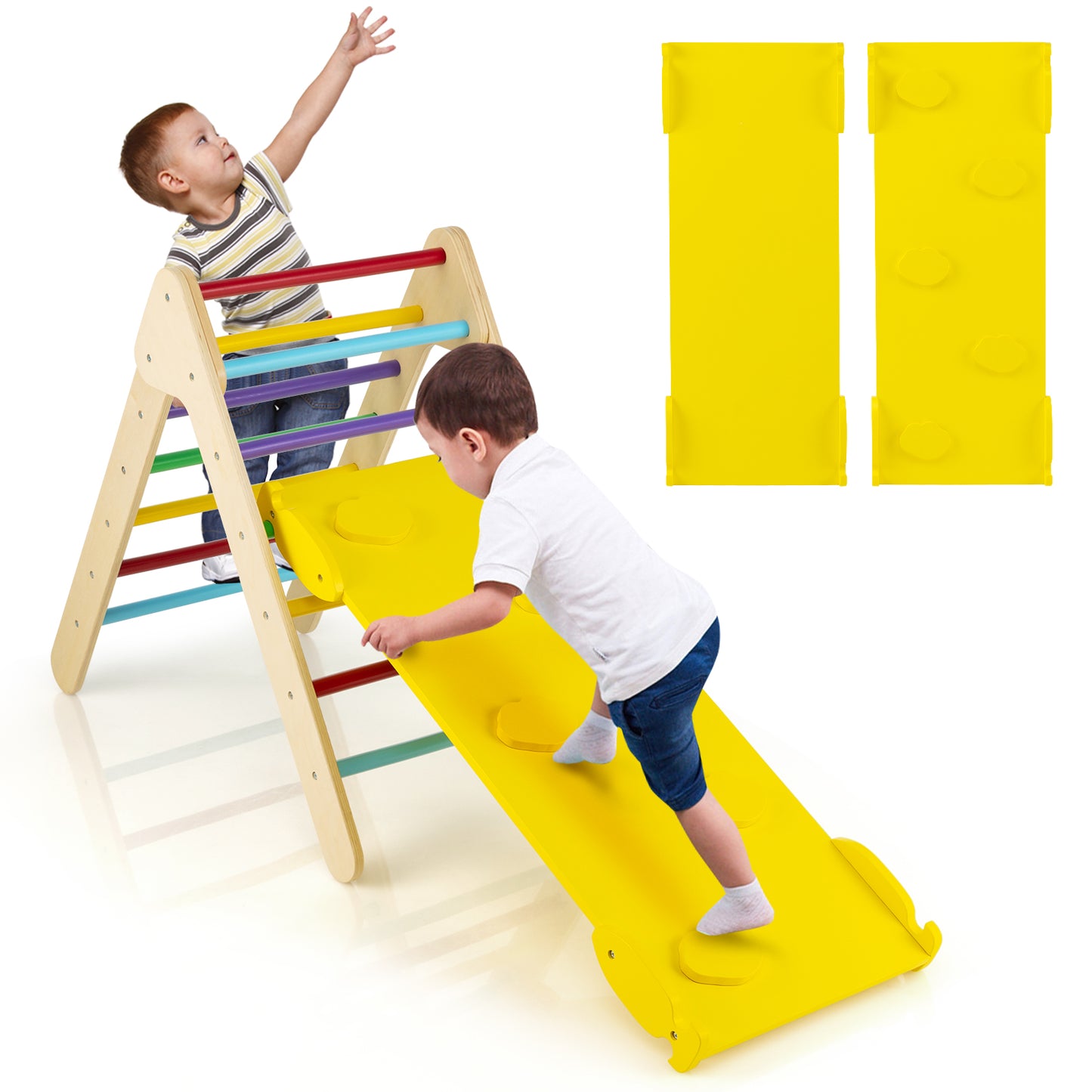 3-in-1 Wooden Climbing Triangle Set Triangle Climber with Ramp-Multicolor Kids Crystal